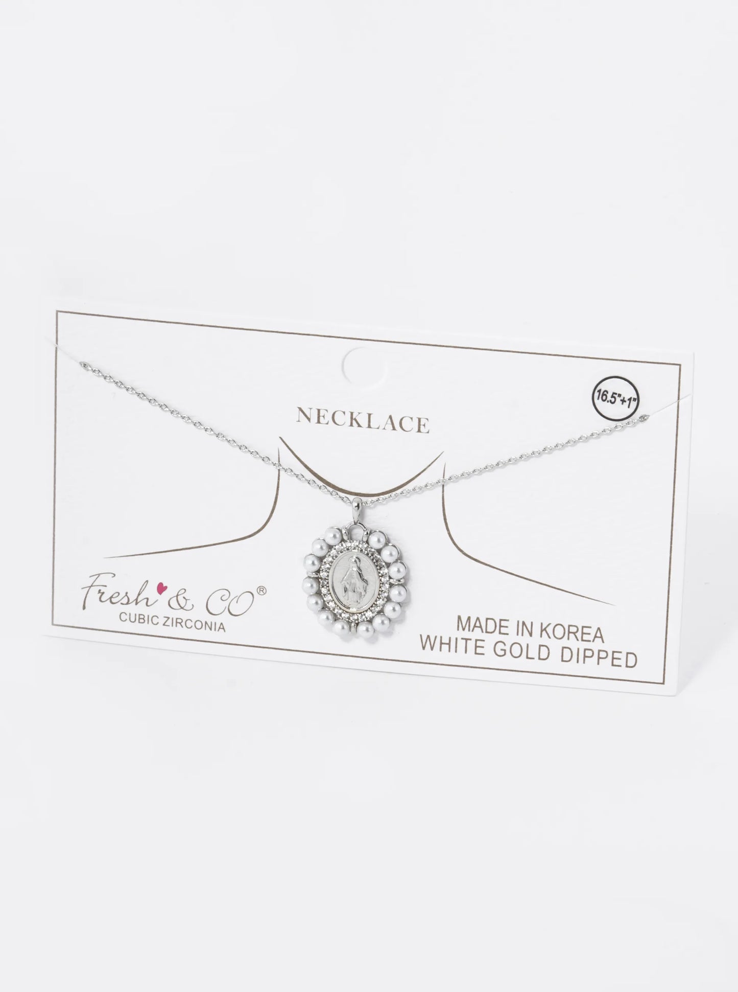 18K Gold Dipped 3mm Pearl Beaded CZ Oval Miraculous Medal Pendant Religious Necklace