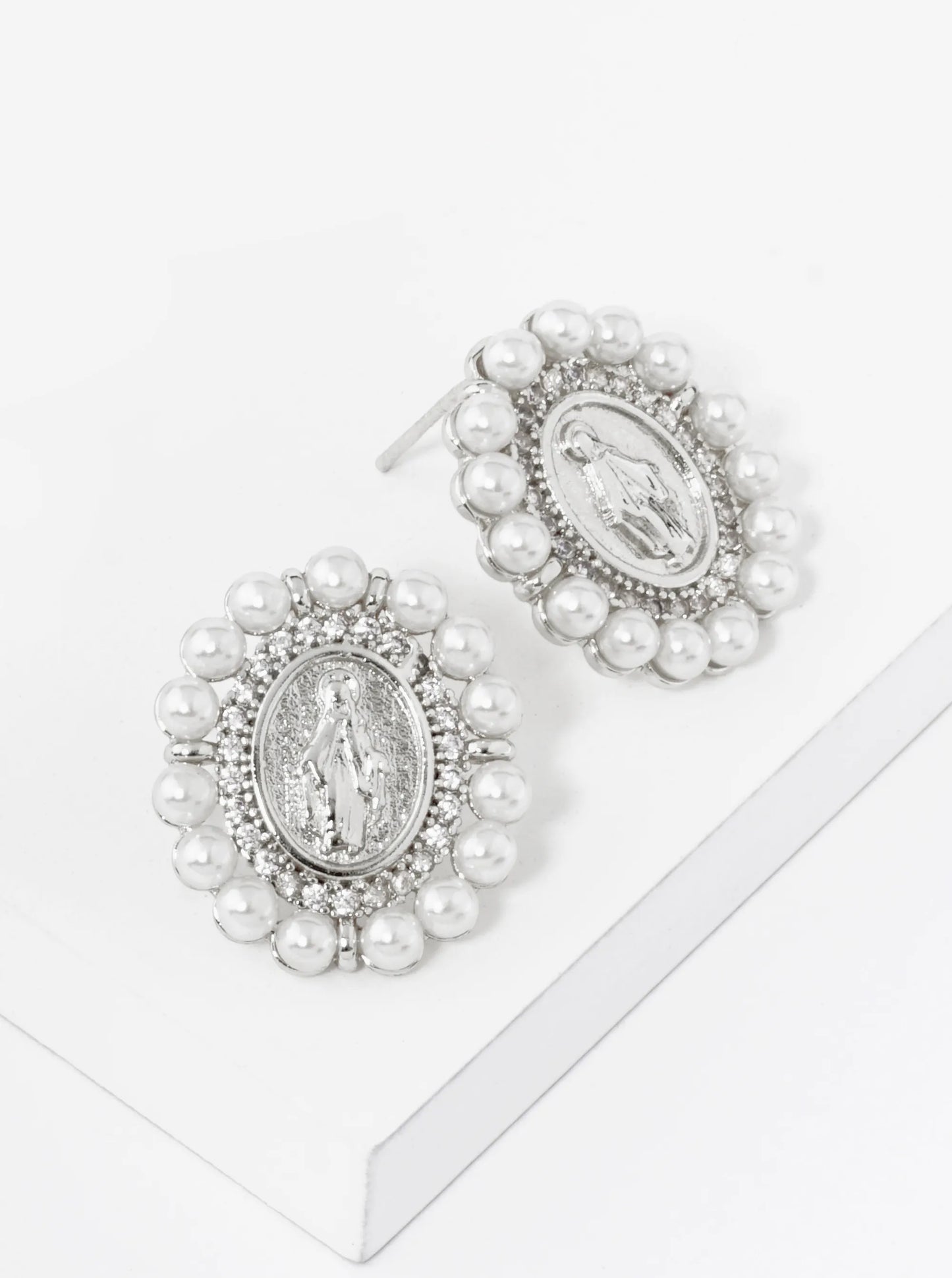 18K Gold Dipped 3mm Pearl Beaded CZ Oval Miraculous Medal Stud Earrings