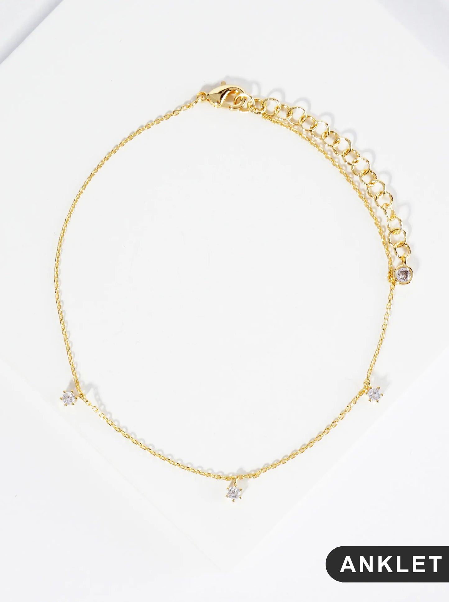 18K Gold Dipped 3mm Three Cubic Zirconia Stone Charms Brass Chain Anklet