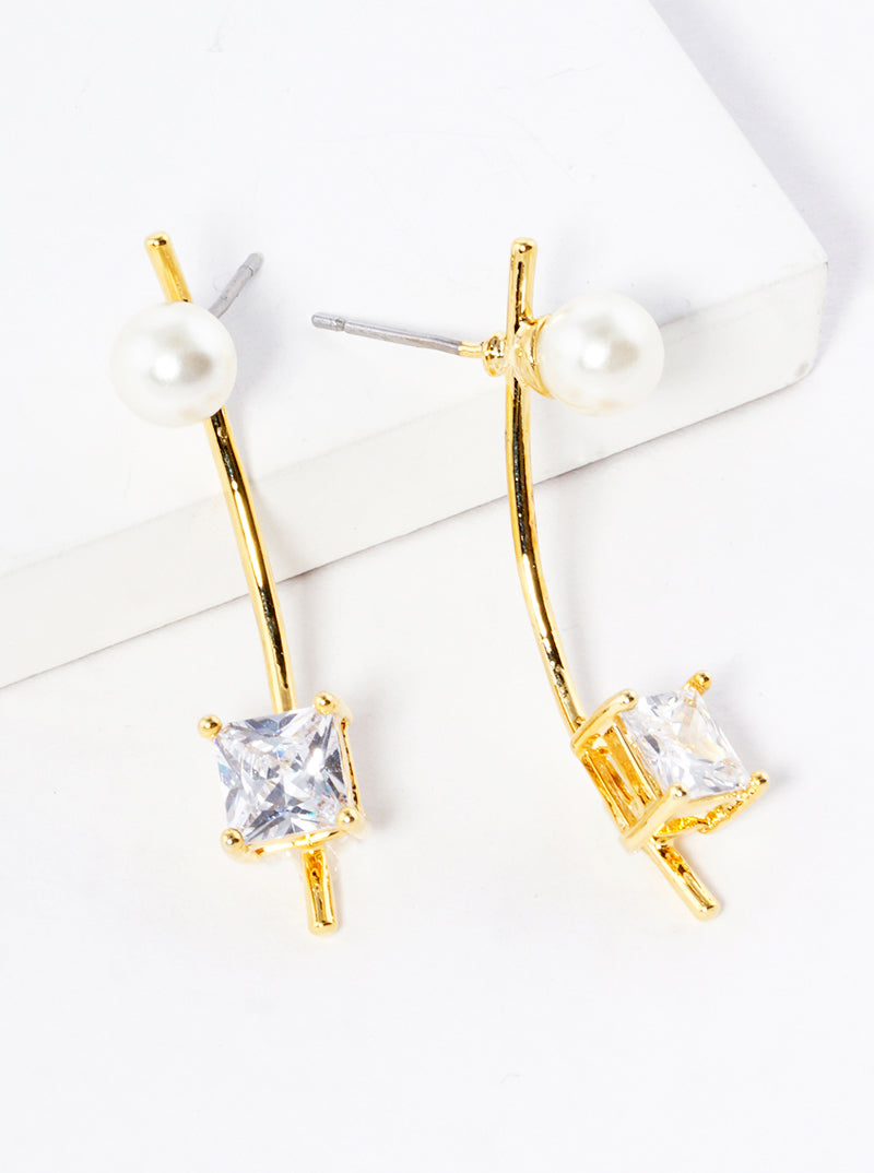 18K Gold Dipped 4-Prong Square CZ Pearl Curved Bar Post Drop Earrings