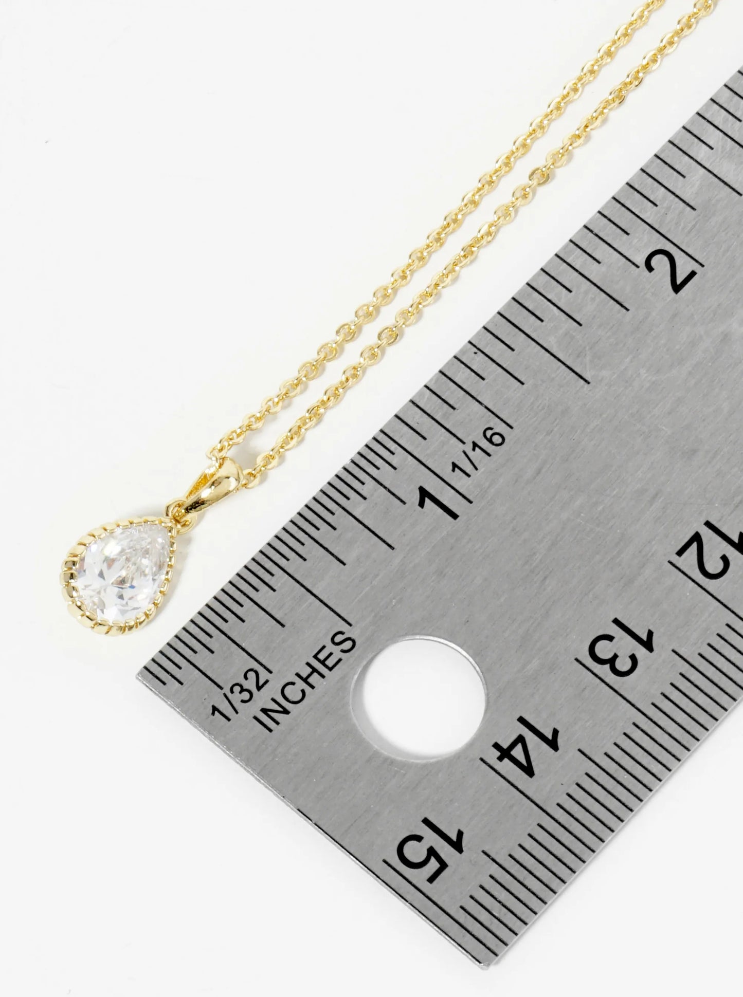 18K Gold Dipped Ball Textured Encased In Brass 10mm CZ Teardrop Stone Pendant Necklace
