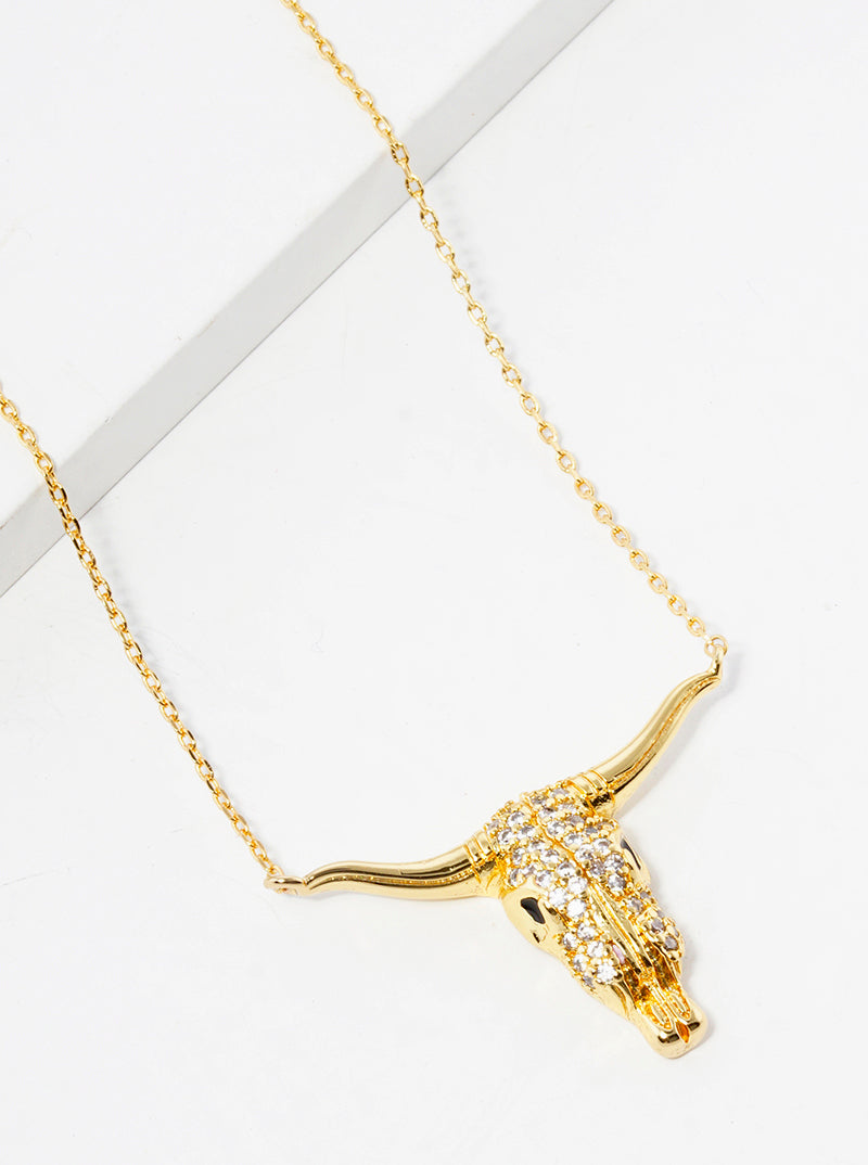 18K Gold Dipped CZ Pave Bull Head Pendant Necklace