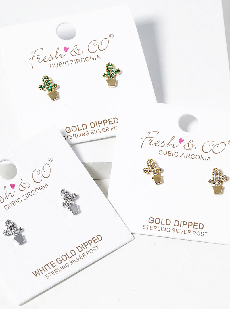 18K Gold Dipped CZ Pave Cactus Post Stud Earrings