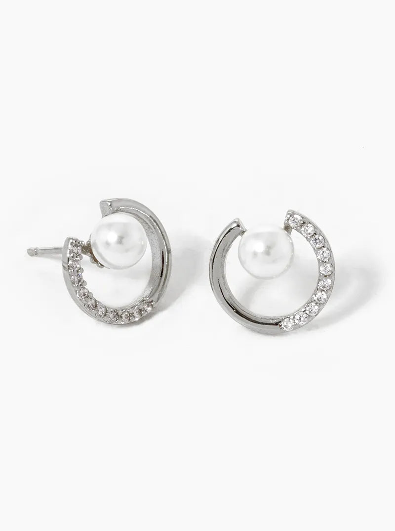 18K Gold Dipped CZ Pave Circle With Pearl Stud Earrings