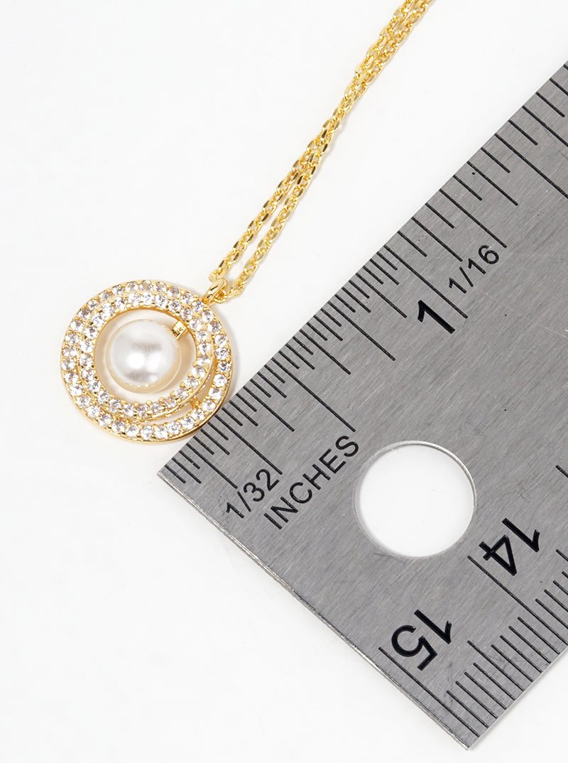 18K Gold Dipped CZ Pave Double Circle Pearl Pendant Necklace