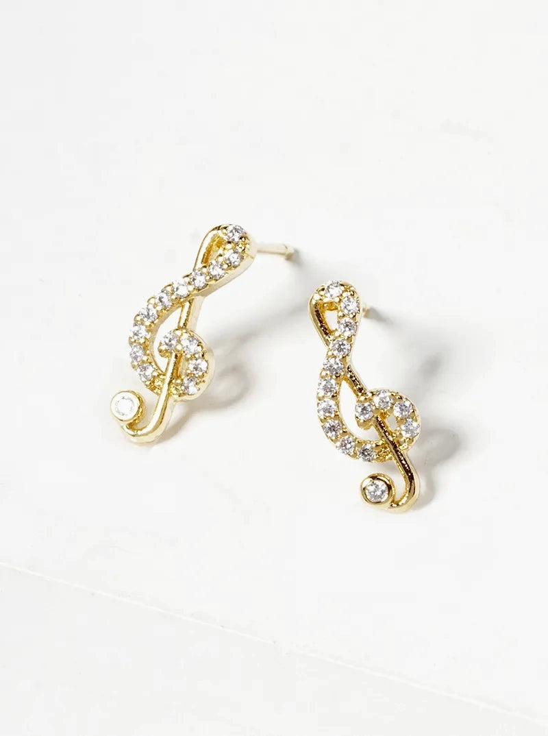 18K Gold Dipped CZ Pave G Clef Musical Note Post Stud Earrings