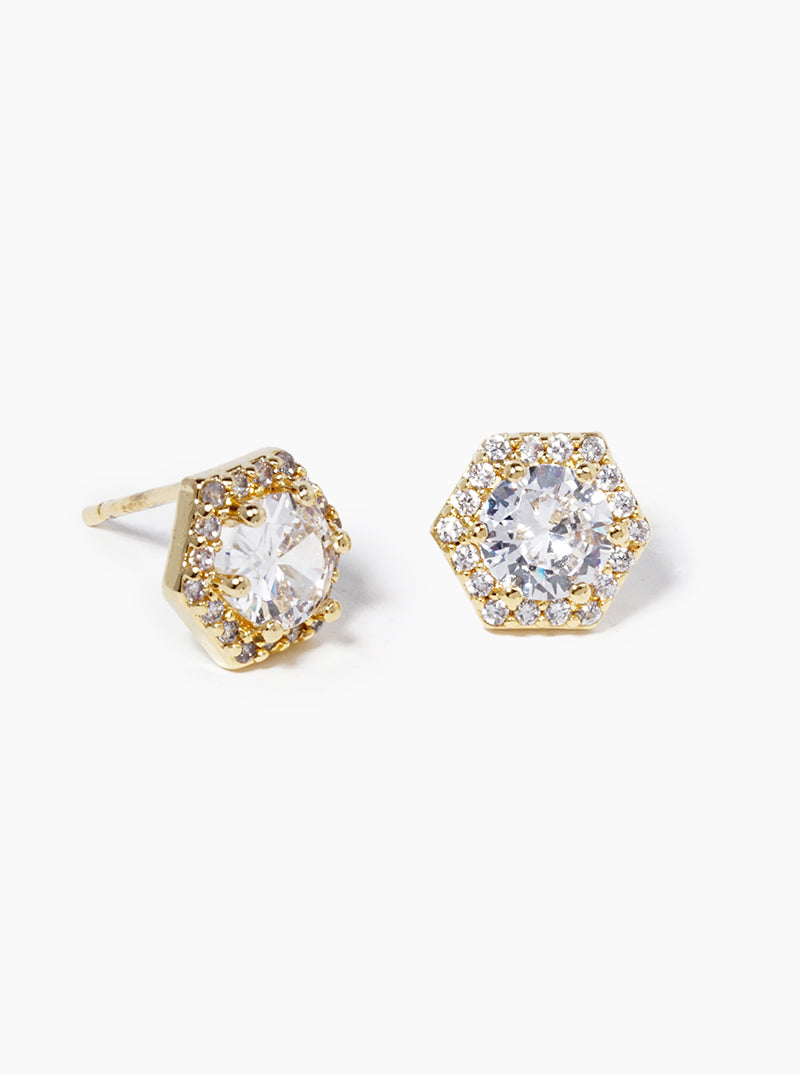 18K Gold Dipped CZ Pave Hexagon Post Stud Earrings