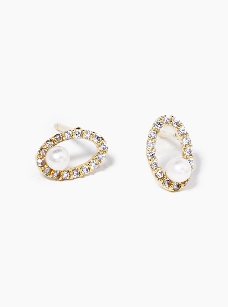 18K Gold Dipped CZ Pave Oval Pearl Post Stud Earrings