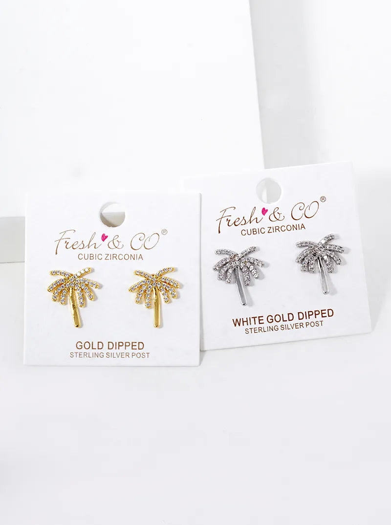 18K Gold Dipped CZ Pave Palm Tree Stud Earrings