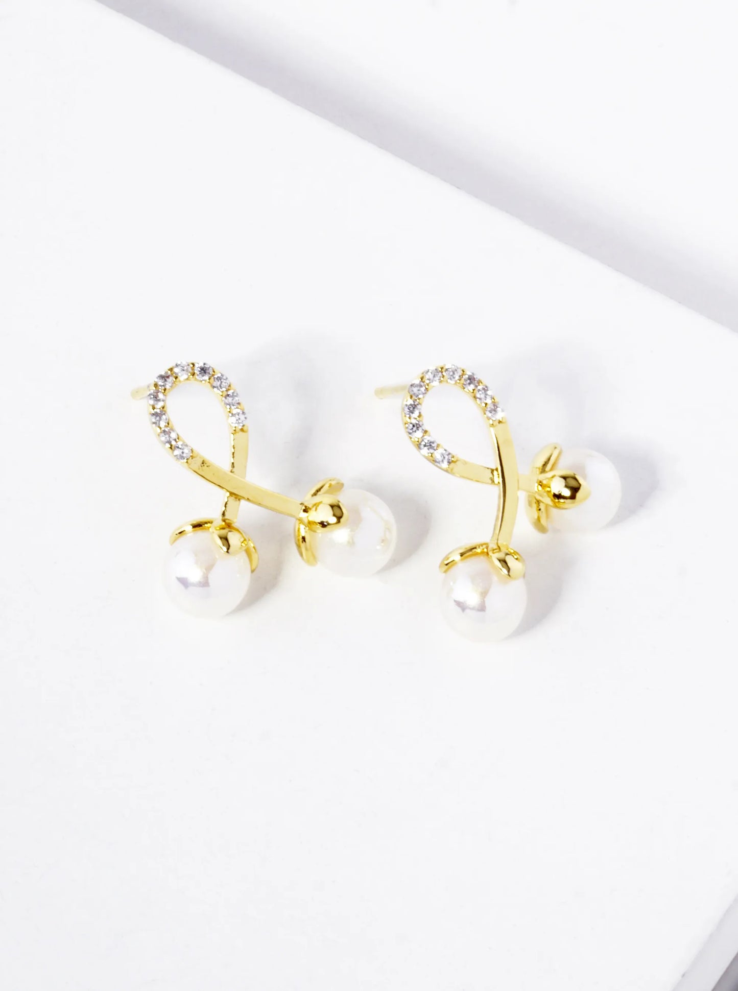 18K Gold Dipped CZ Pave Pearl Drop Cherry Shape Stud Earrings