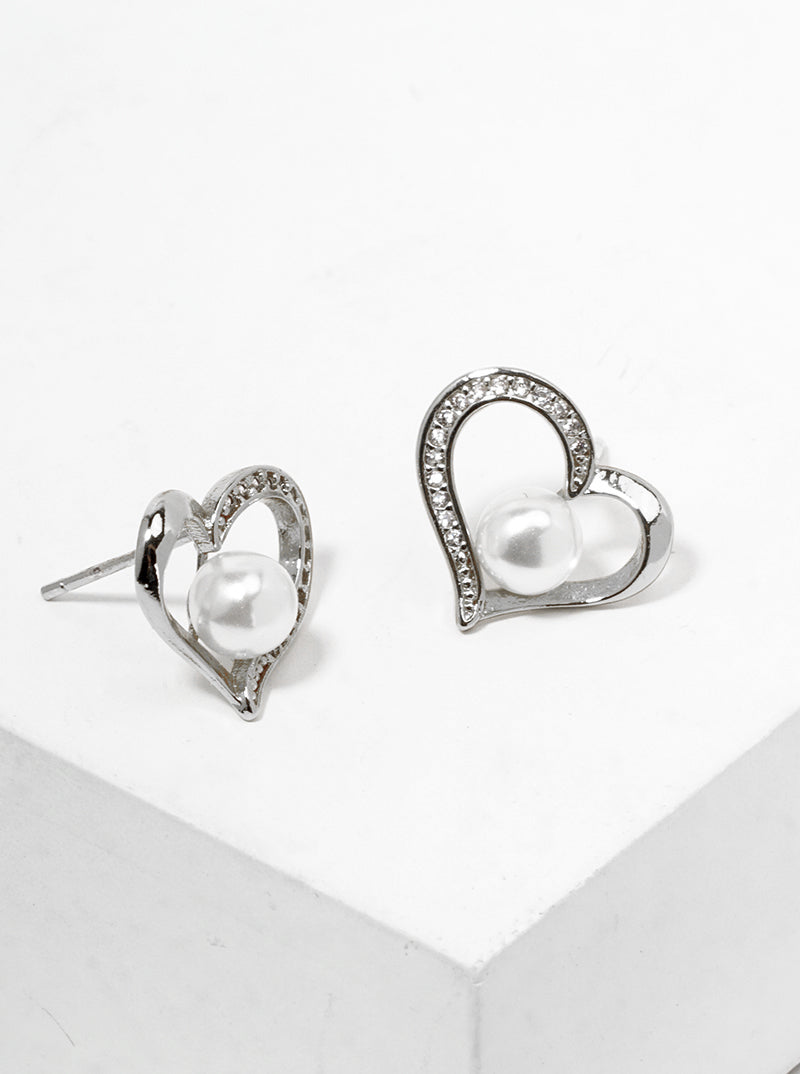 18K Gold Dipped CZ Pave Pearl Heart Post Stud Earrings