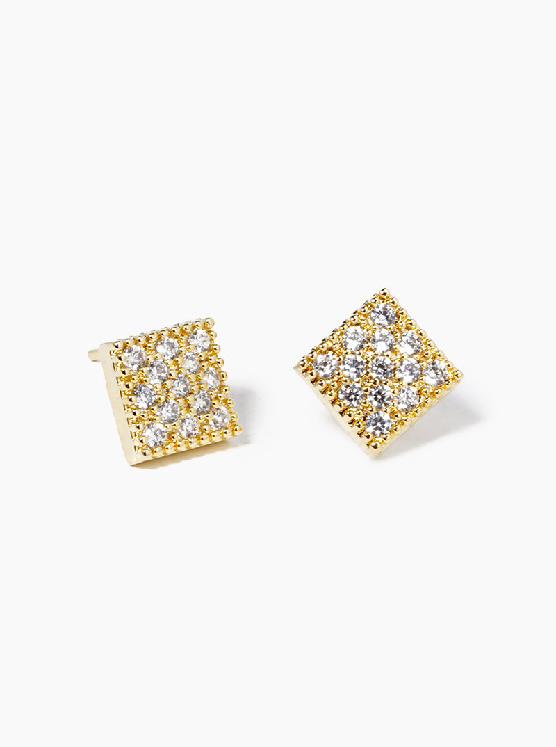 18K Gold Dipped CZ Pave Rhombus Stud Earrings