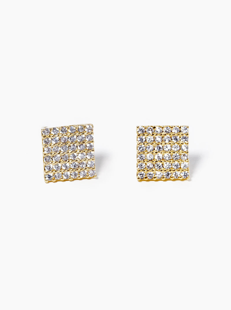 18K Gold Dipped CZ Pave Square Post Stud Earrings