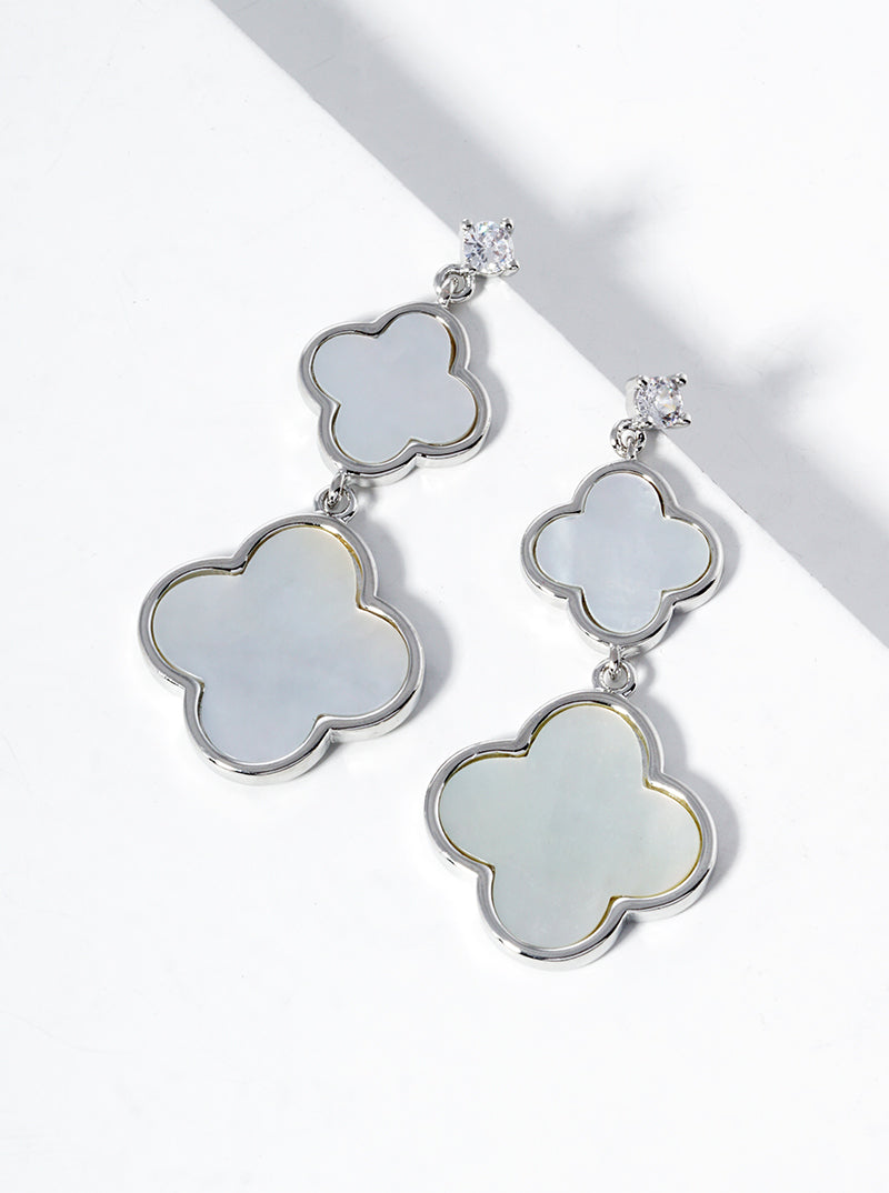 18K Gold Dipped CZ Stone Double Quatrefoil Drop Dangle Post Earrings