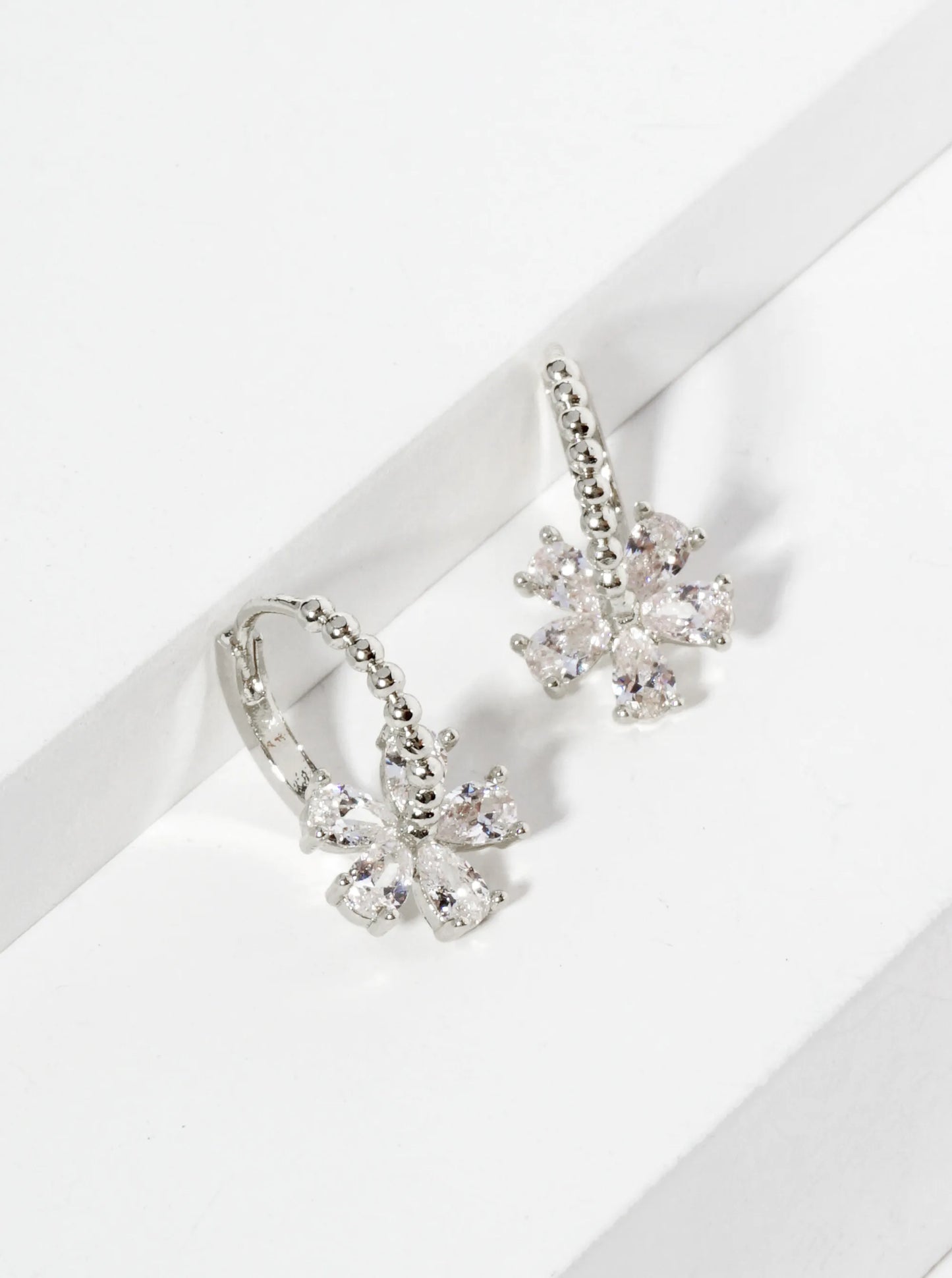 18K Gold Dipped Cubic Zirconia Flower Drop 12mm Huggie Hoop Earrings