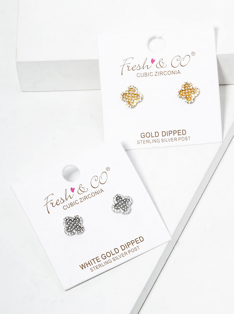 18K Gold Dipped Cubic Zirconia And Pearl Beaded Quatrefoil 925 Sterling Silver Post Stud Earrings