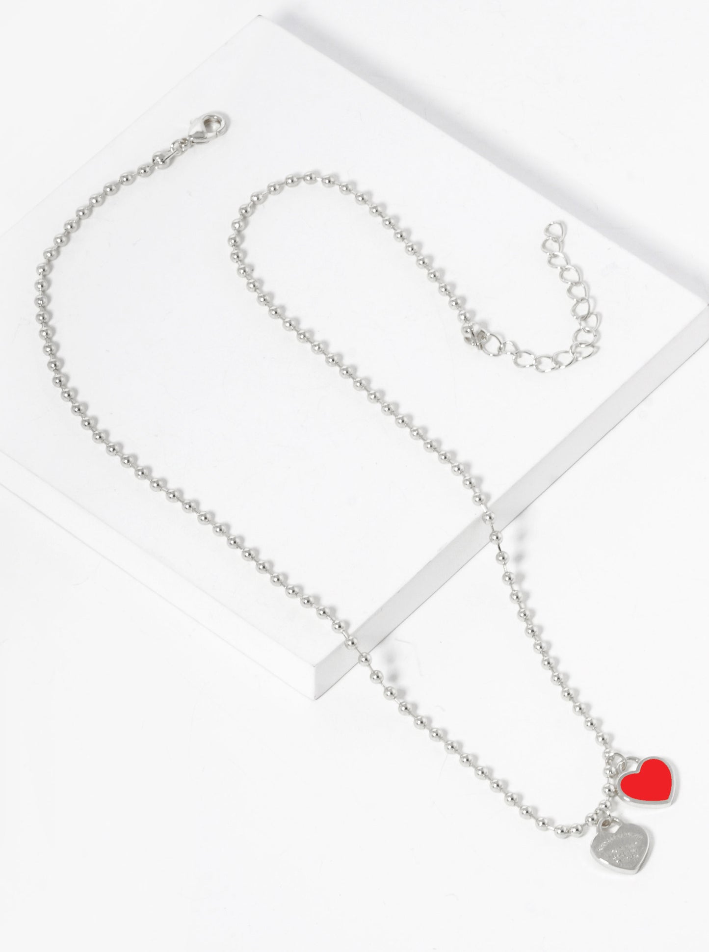 18K Gold Dipped Enamel Filled Double Heart Pendant Ball Chain Necklace