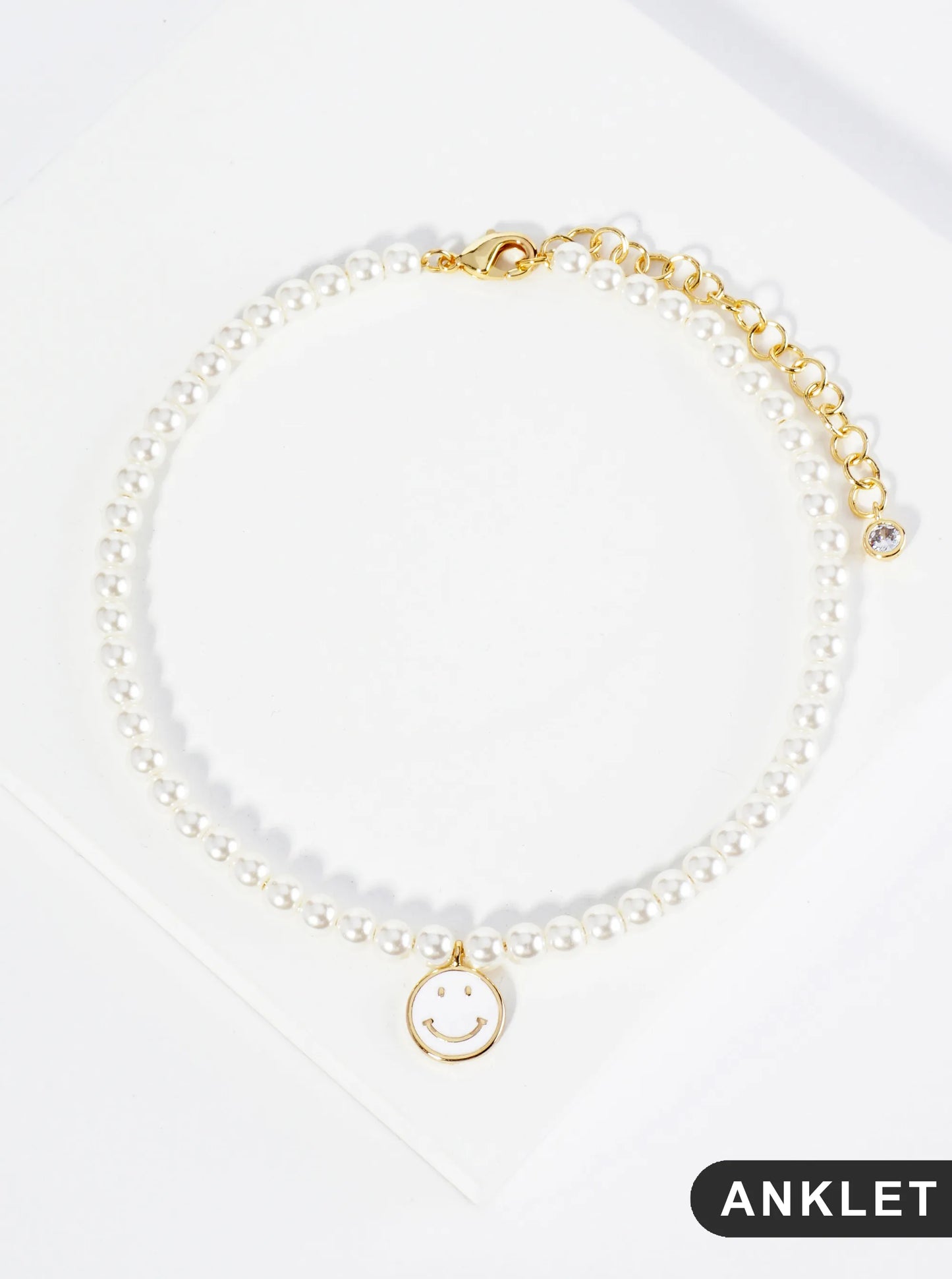 18K Gold Dipped Enamel Smiley Face Charm Pearl Chain Anklet