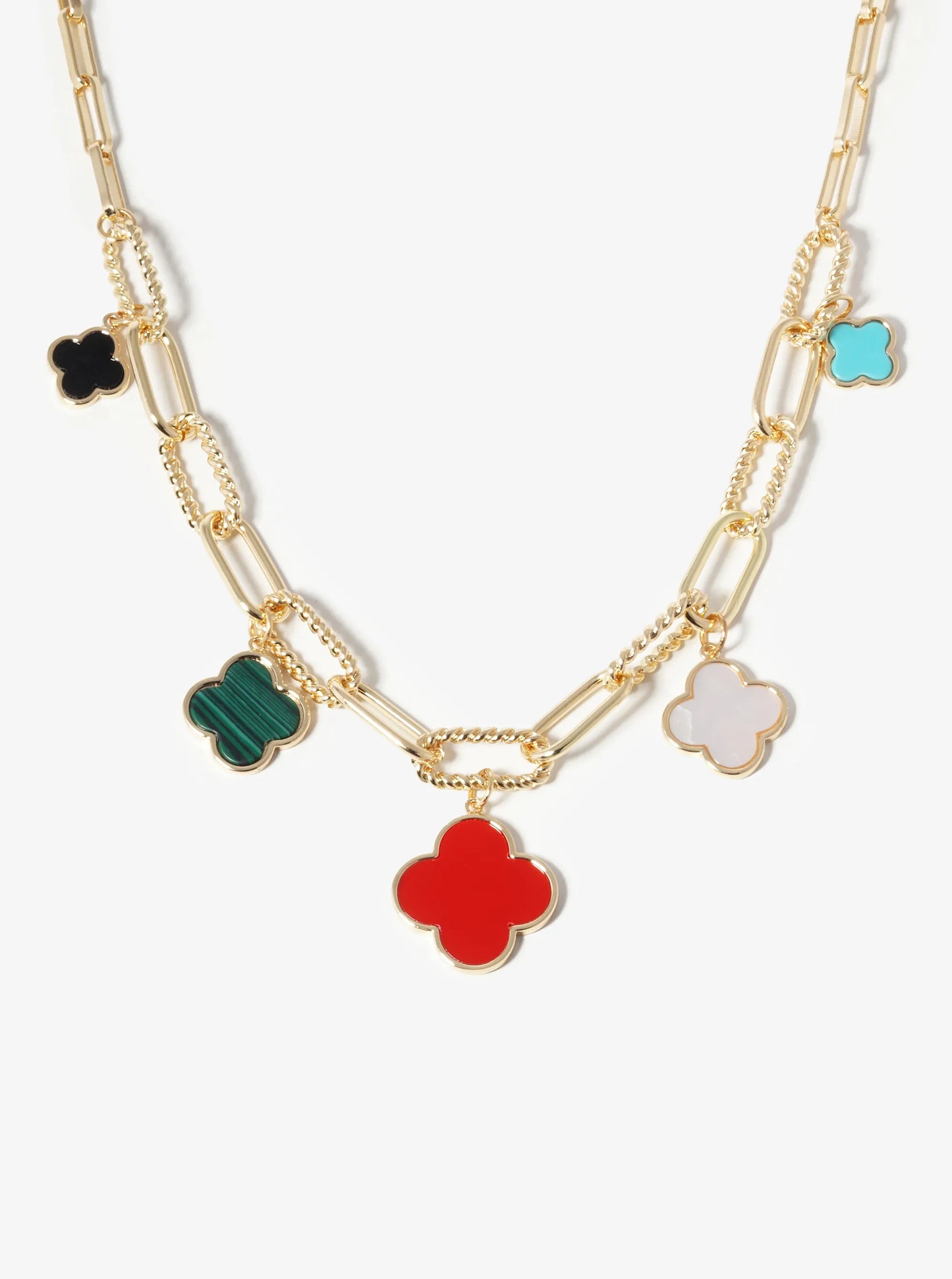 18K Gold Dipped Five Graduated Semi-Precious Quatrefoil Pendant Link Chain Necklace