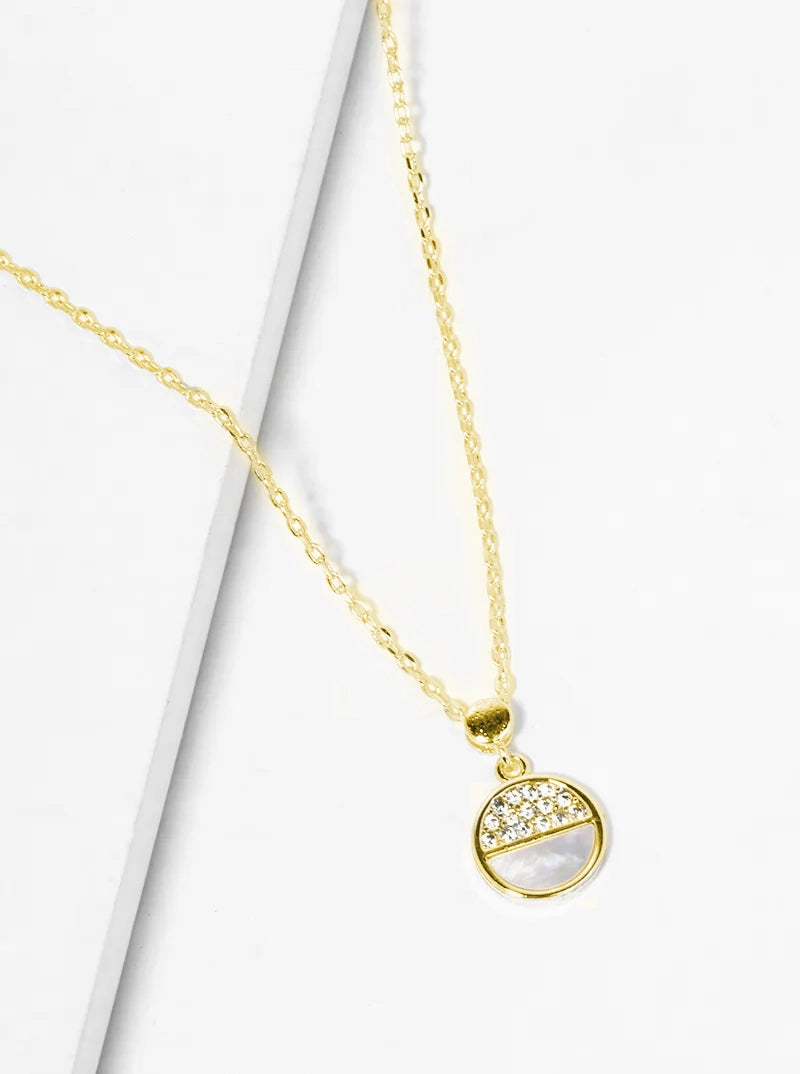 18K Gold Dipped Half CZ Half MOP Round Pendant Dainty Necklace