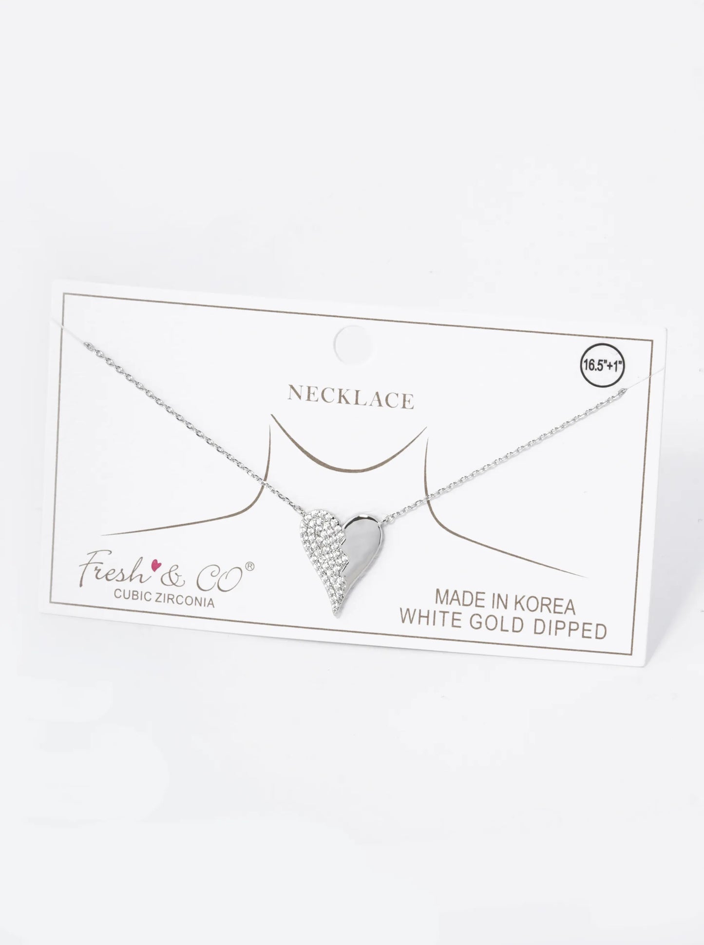 18K Gold Dipped Half Cubic Zirconia Pave Heart Pendant Necklace