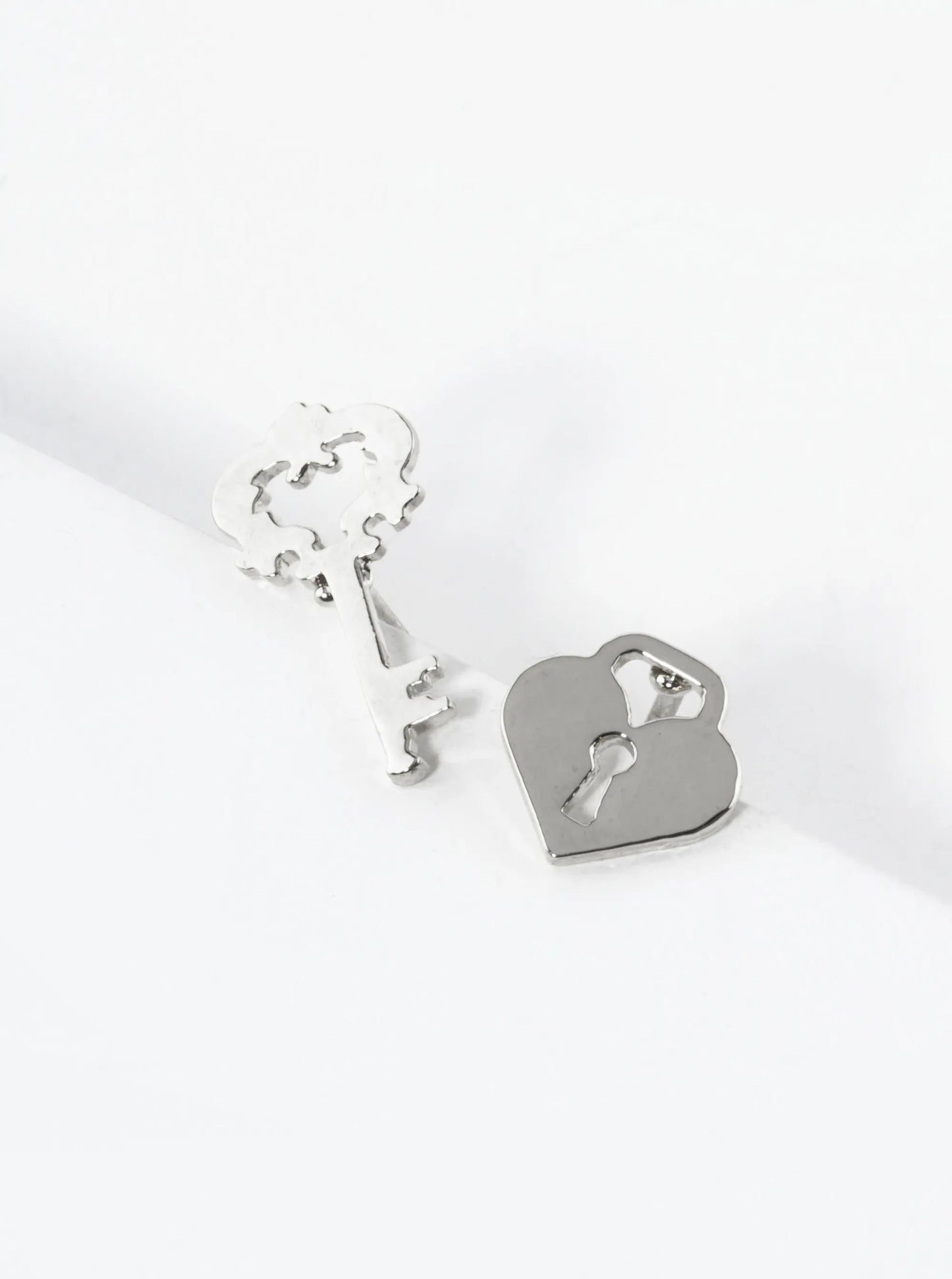 18K Gold Dipped Heart Lock And Key Asymmetric Brass Stud Earrings