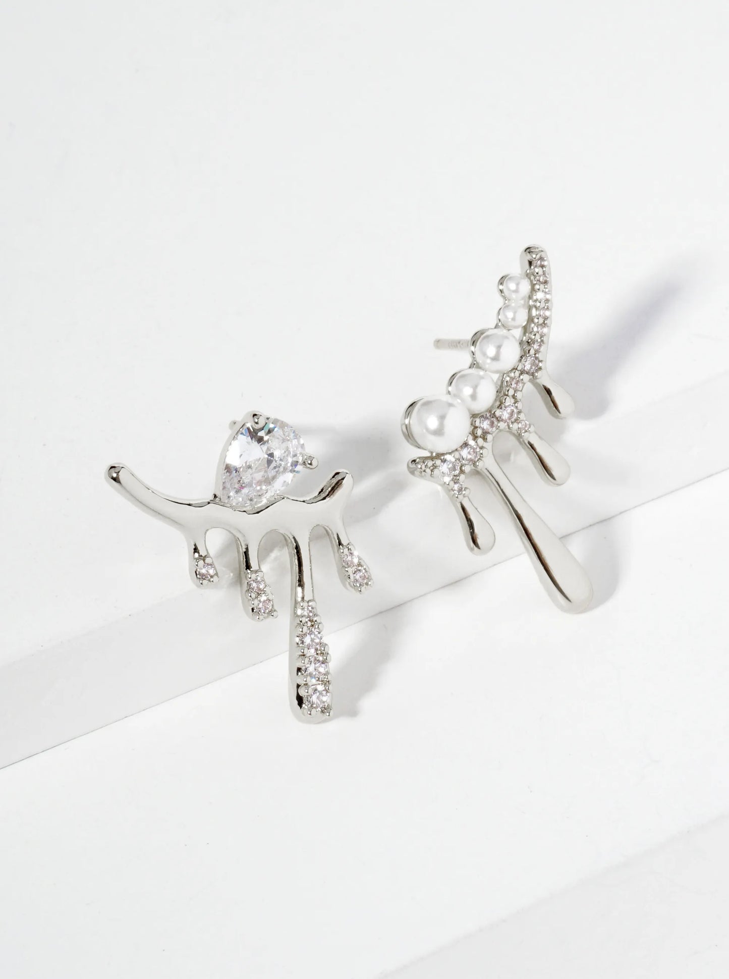 18K Gold Dipped Melting CZ Glass Pearl Bar Asymmetrical Stud Earrings