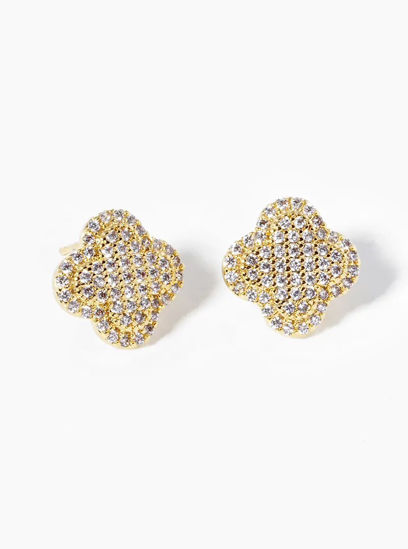 18K Gold Dipped Micro Pave Set 13mm Quatrefoil 925 Sterling Silver Post Stud Earrings