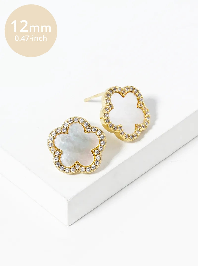 18K Gold Dipped Micro Pave Set Cubic Zirconia 12mm Semi-Precious Flower Stud Earrings