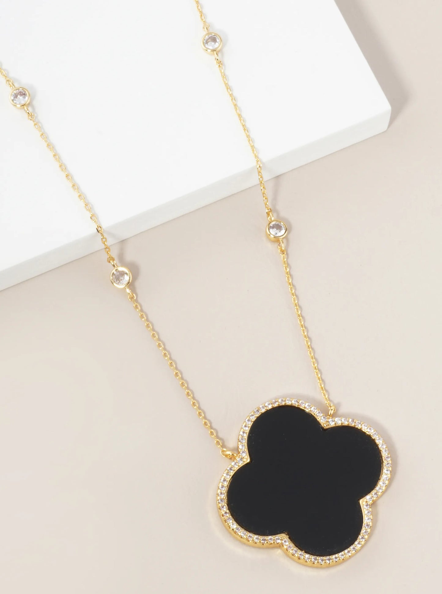 18K Gold Dipped Micro Pave Set Cubic Zirconia 32mm Quatrefoil Pendant Necklace