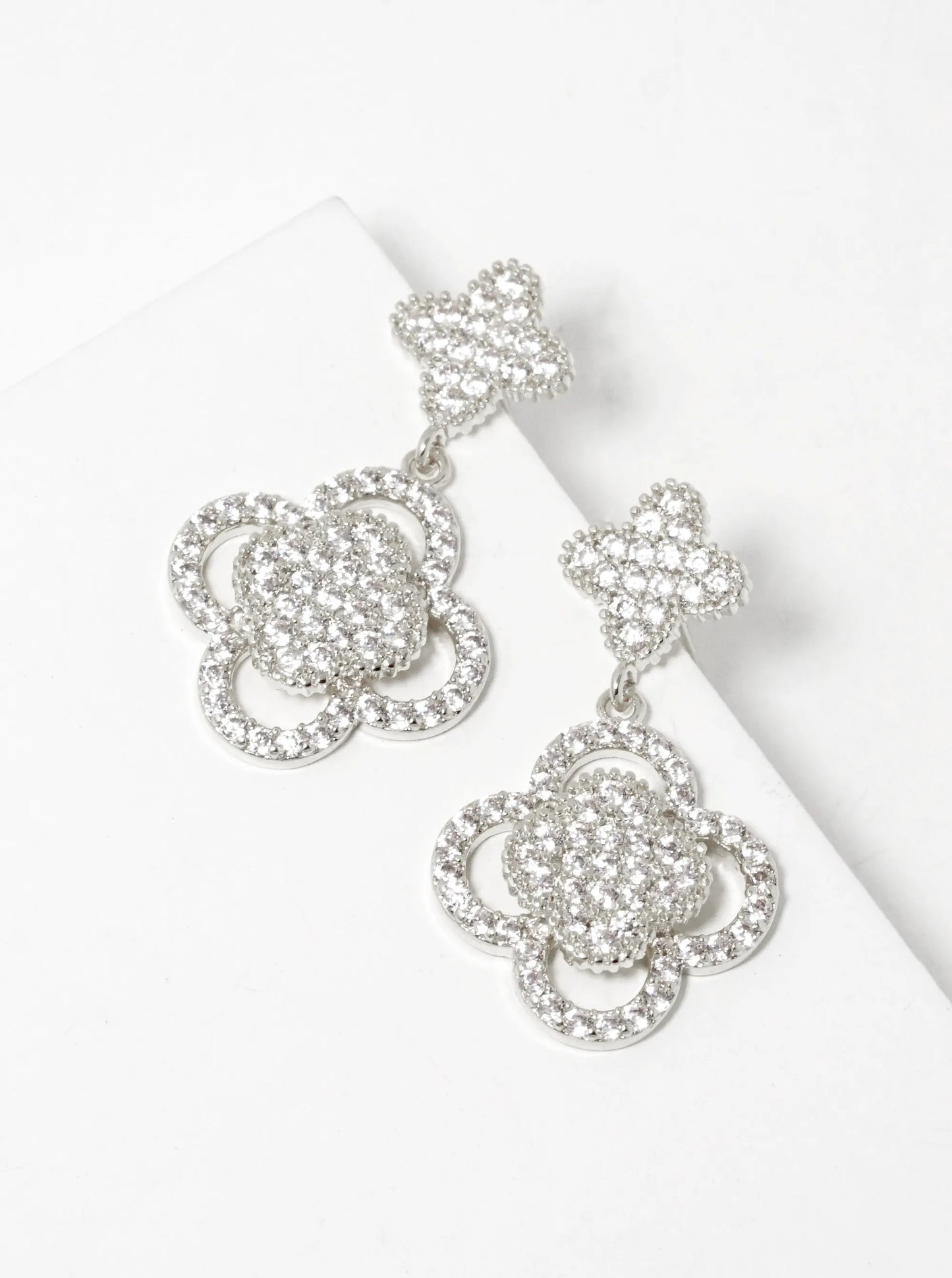 18K Gold Dipped Micro Pave Set Cubic Zirconia Double Quatrefoil Drop 925 Sterling Sliver Post Earrings