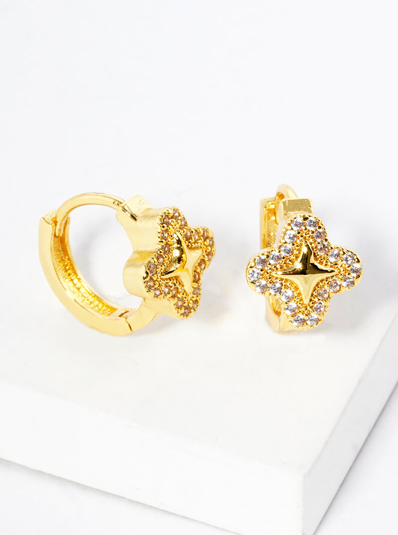 18K Gold Dipped Micro Pave Set Cubic Zirconia Quatrefoil 10mm Huggie Hoop Earrings