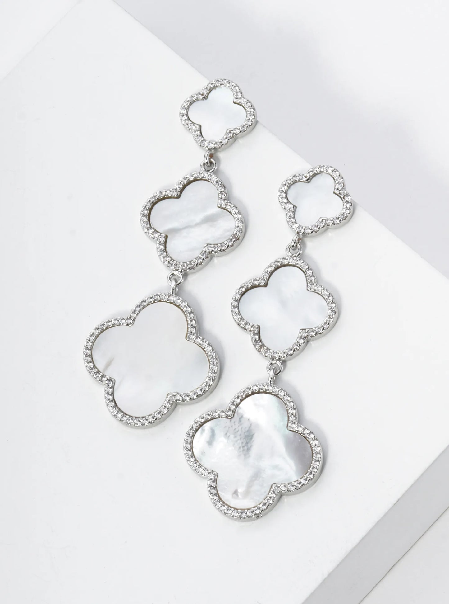 18K Gold Dipped Micro Pave Set Cubic Zirconia Three Graduated Quatrefoil Drop Dangle Post Earrings