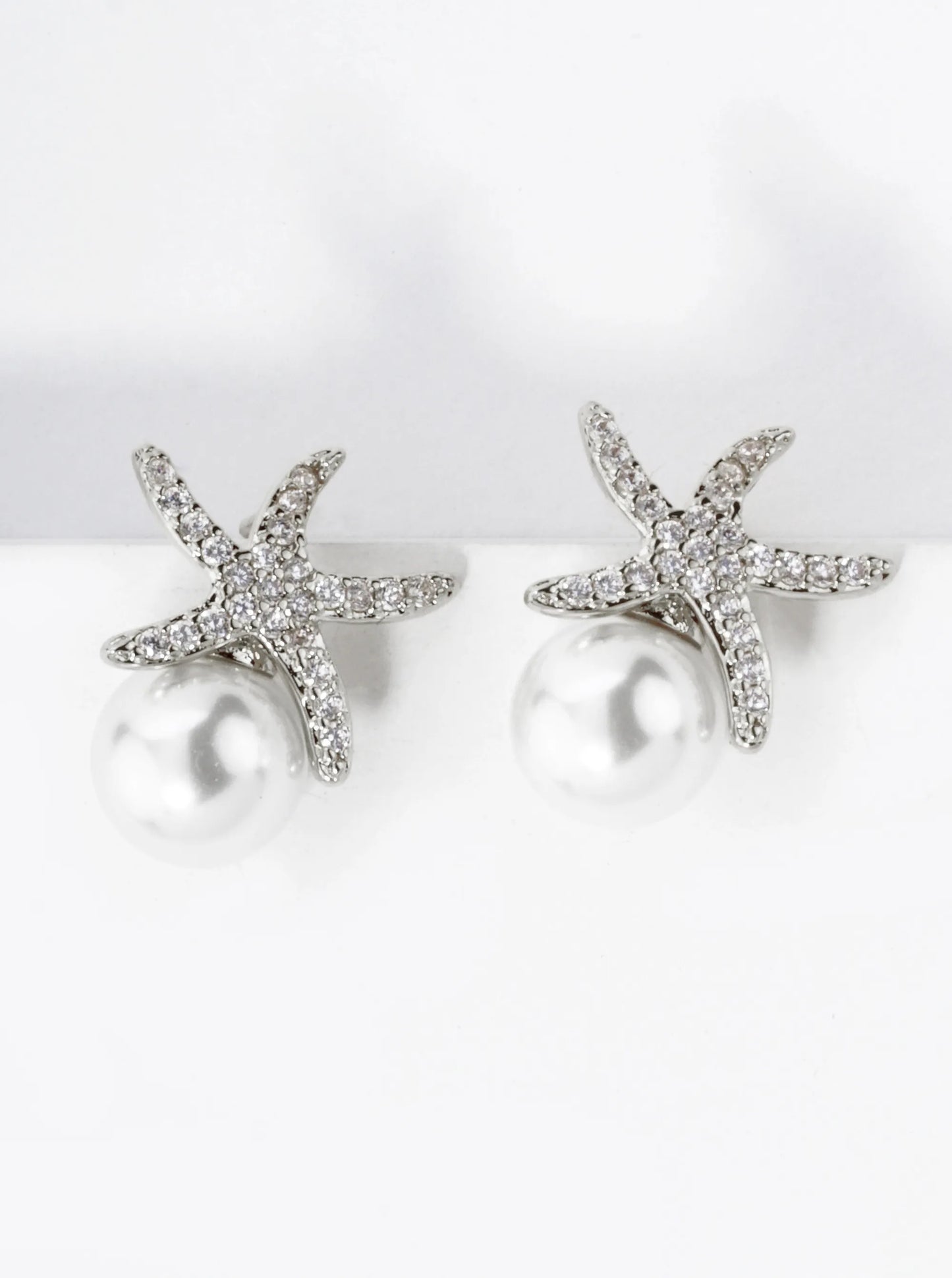 18K Gold Dipped Micro Pave Set Sea Stars Starfish 8mm Pearl Stud Earrings
