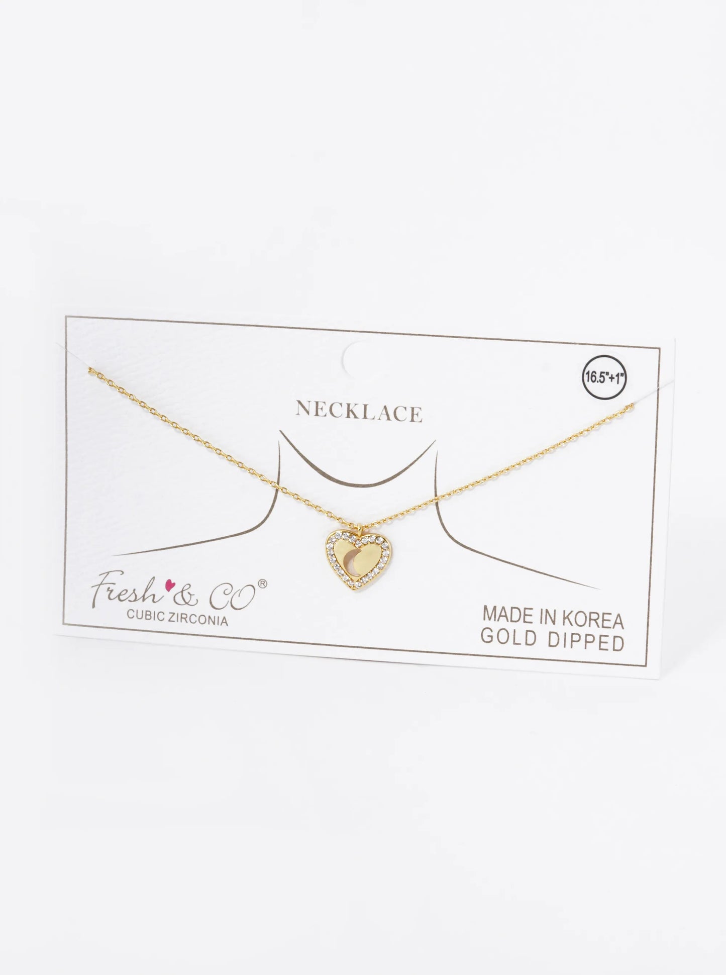 18K Gold Dipped Moon Cutout CZ Pave Heart Pendant Necklace