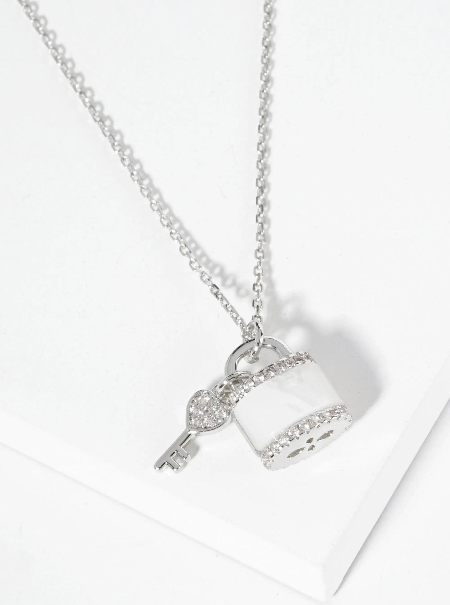 18K Gold Dipped Mother Of Pearl CZ Key And Padlock Pendant Necklace