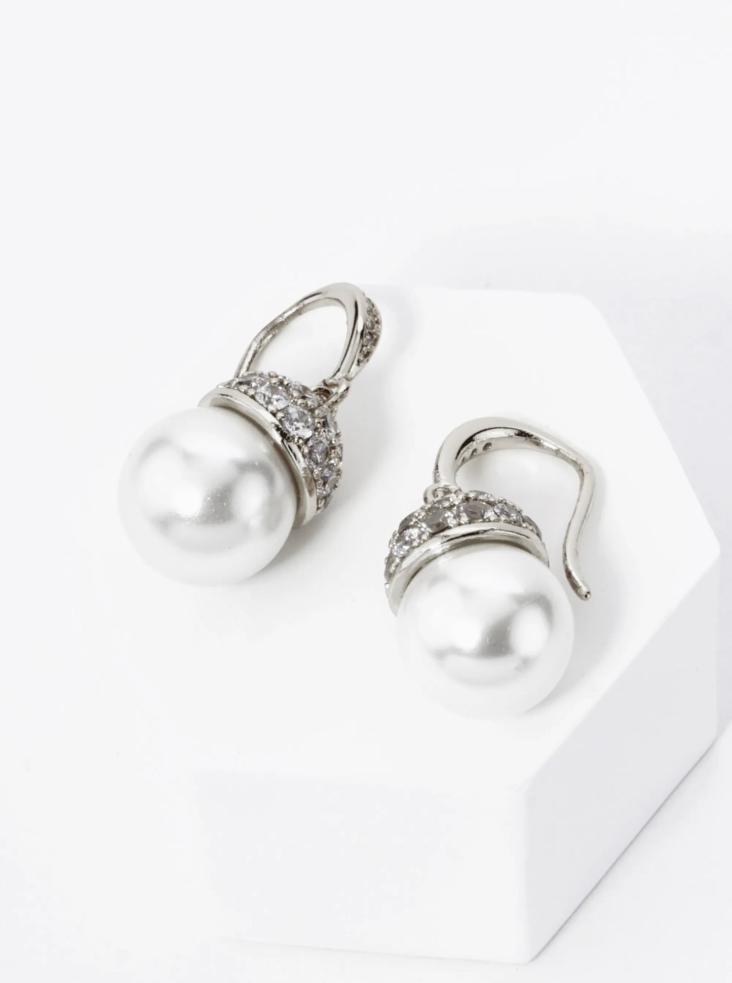 18K Gold Dipped Pave Cubic Zirconia 8mm Pearl Drop Dangle Earrings