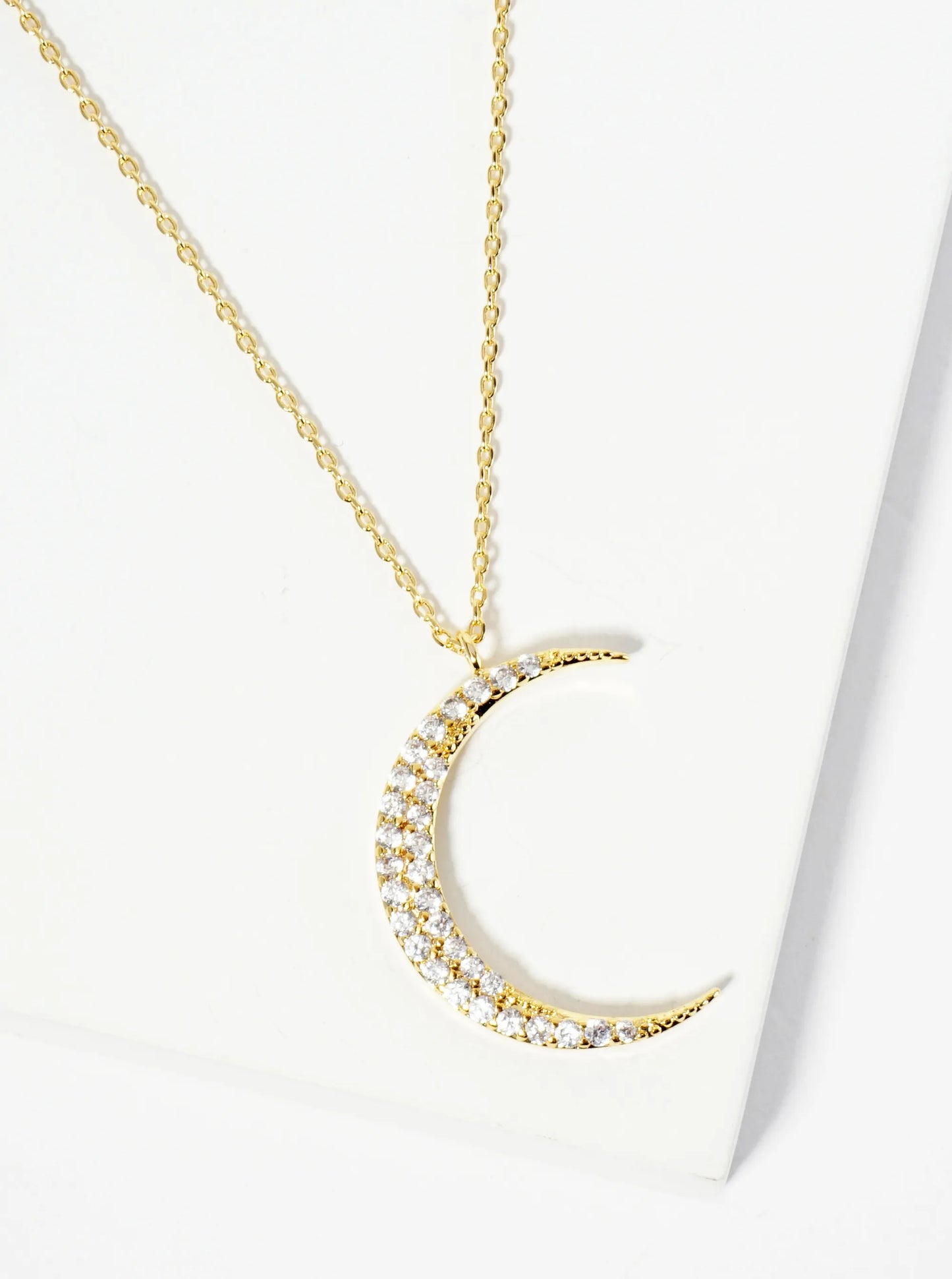 18K Gold Dipped Pave Set CZ 1 Inch Crescent Moon Pendant Necklace
