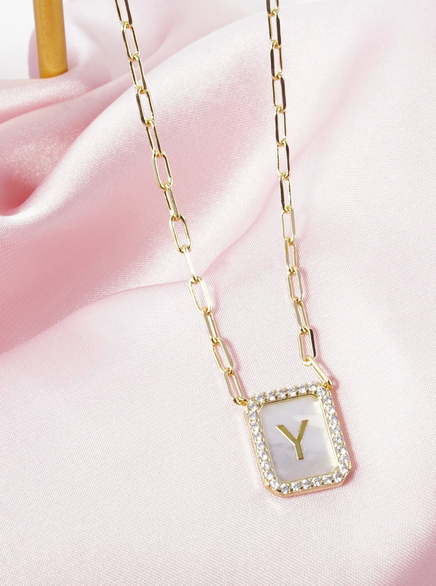 18K Gold Dipped Pave Set Cubic Zirconia Mother Of Pearl Initial Pendant Necklace