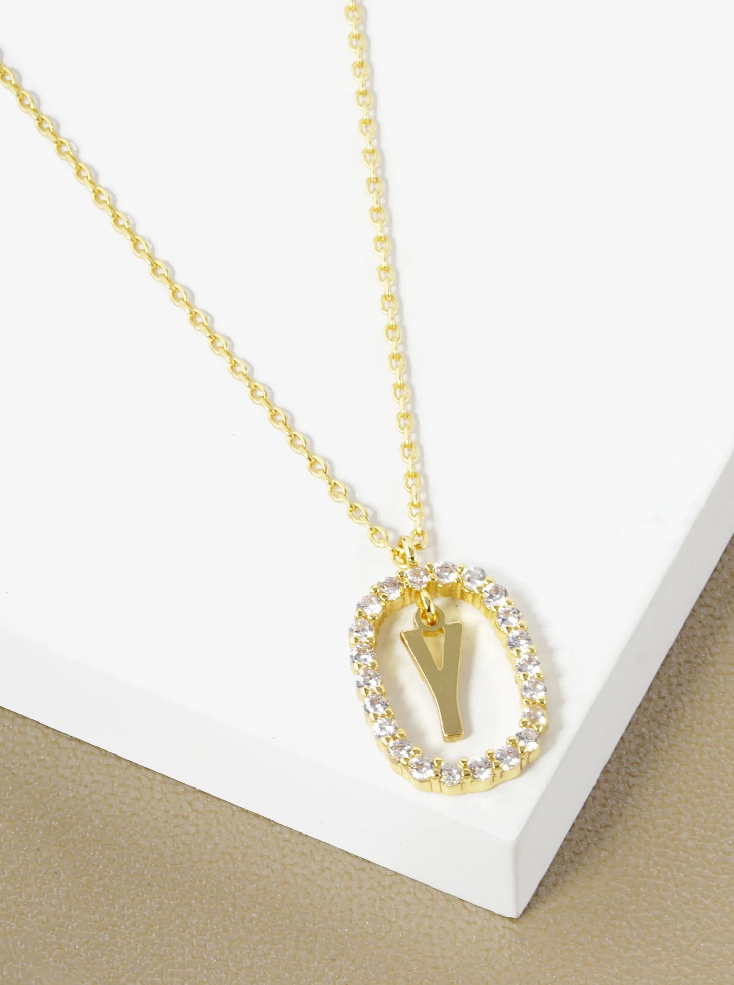 18K Gold Dipped Pave Set Cubic Zirconia Oval In Initial Drop Pendant Necklace