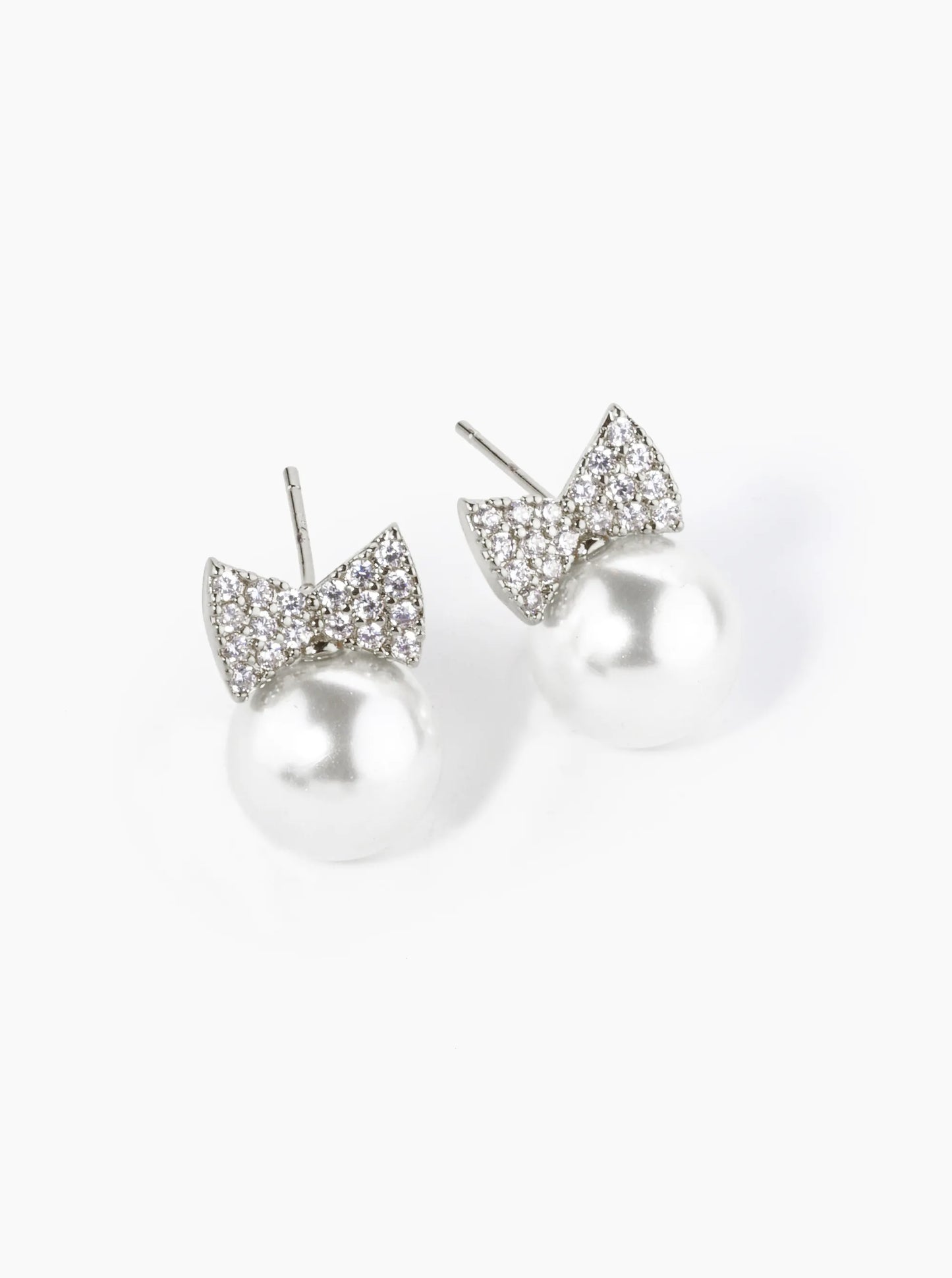 18K Gold Dipped Pave Set Cubic Zirconia Ribbon Bow With 10mm Pearl Stud Earrings