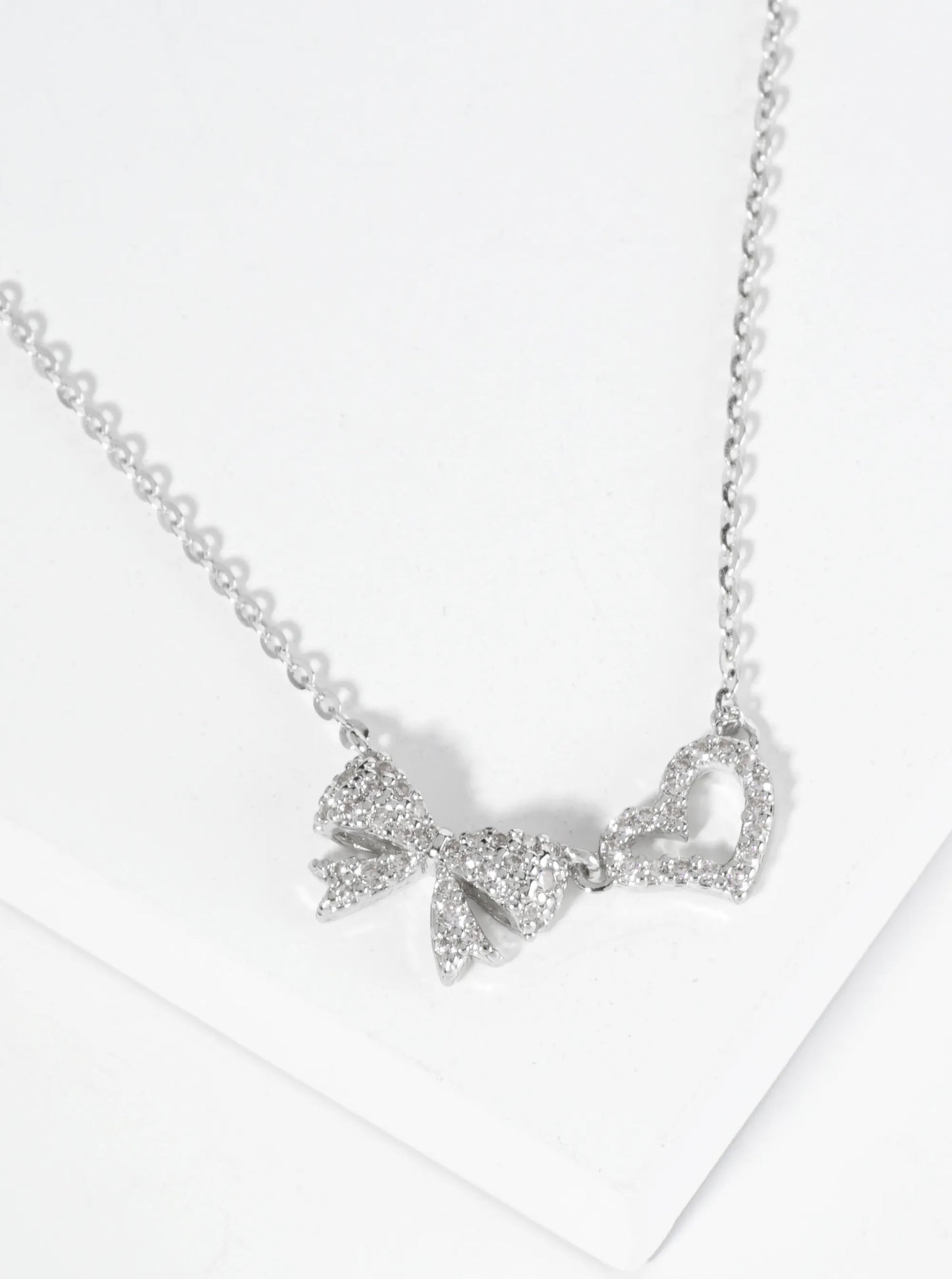 18K Gold Dipped Pave Set Cubic Zirconia Ribbon Heart Pendant Necklace