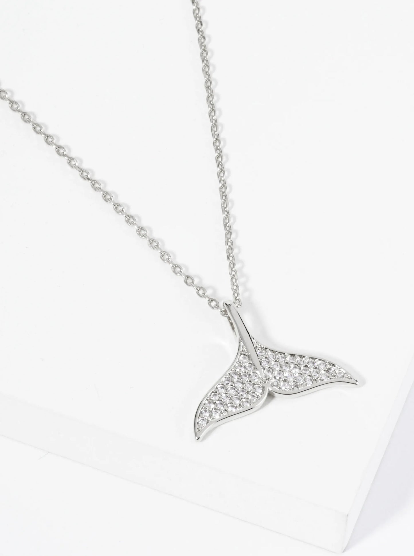 18K Gold Dipped Pave Set Cubic Zirconia Whale Tail Pendant Necklace