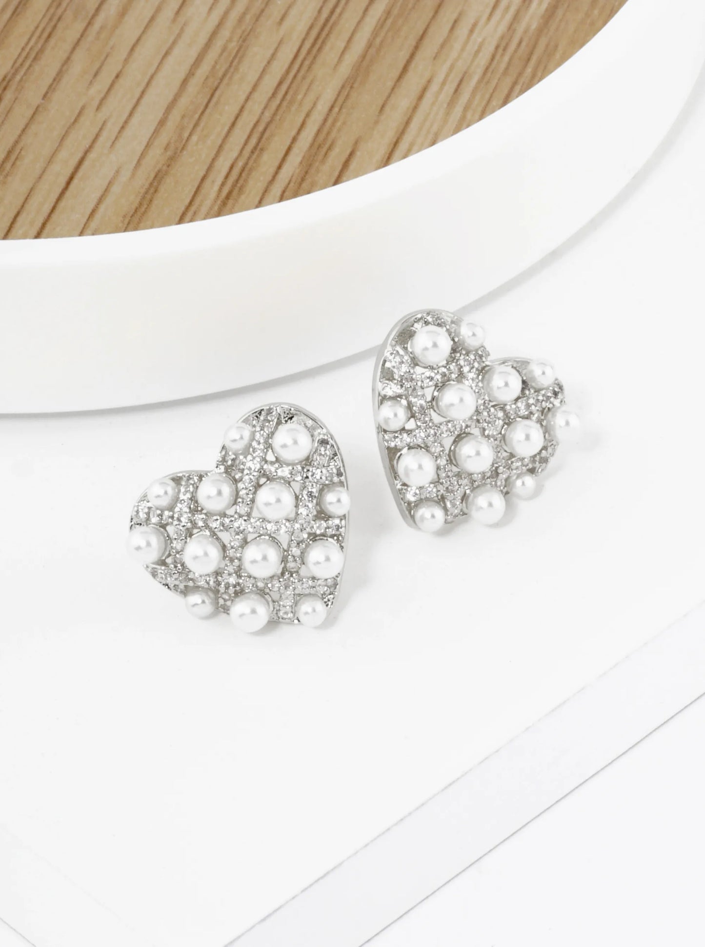 18K Gold Dipped Pearl Beaded Cubic Zirconia Heart Stud Earrings