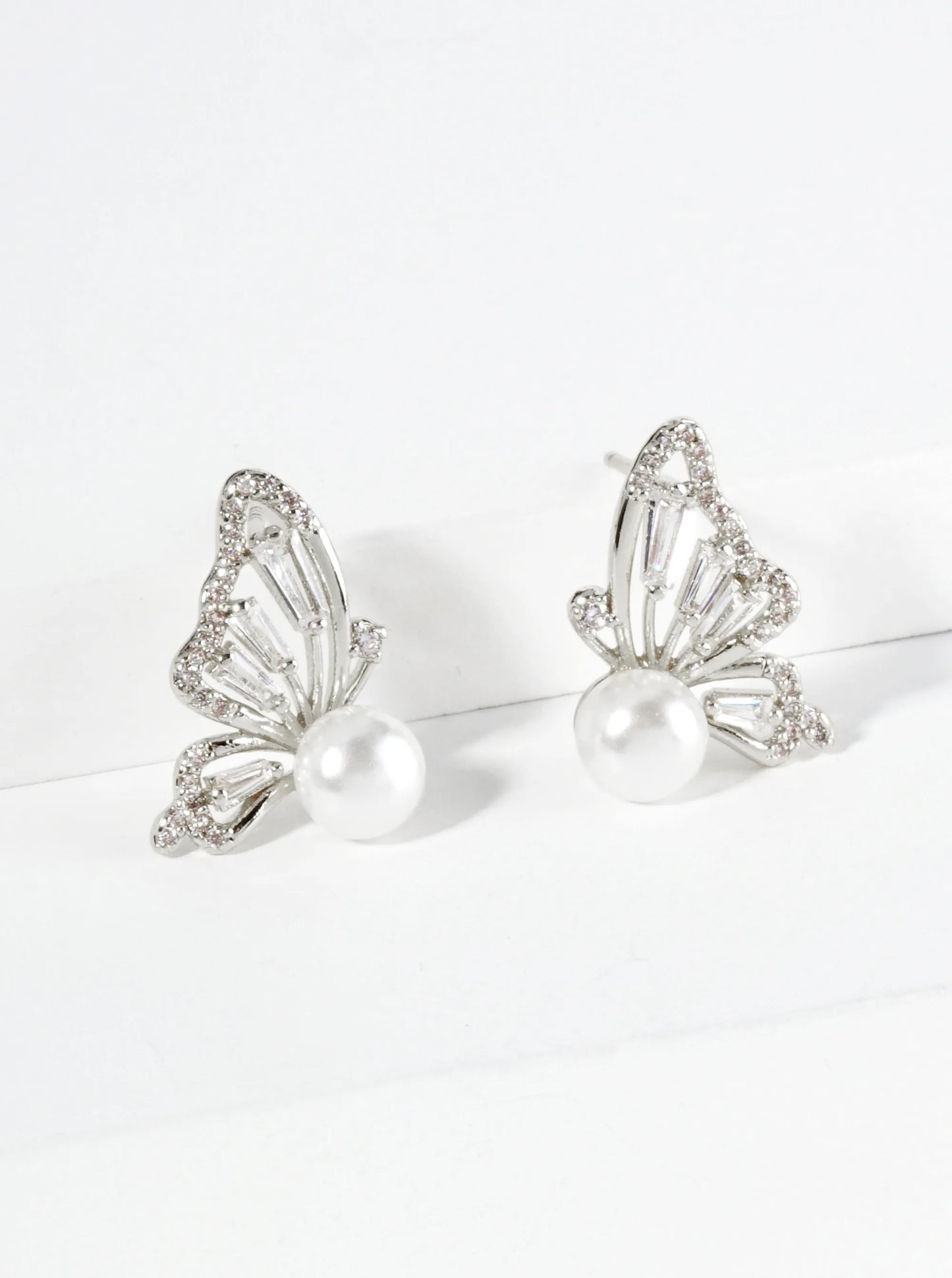 18K Gold Dipped Pearl Cubic Zirconia Butterfly Wings Stud Earrings