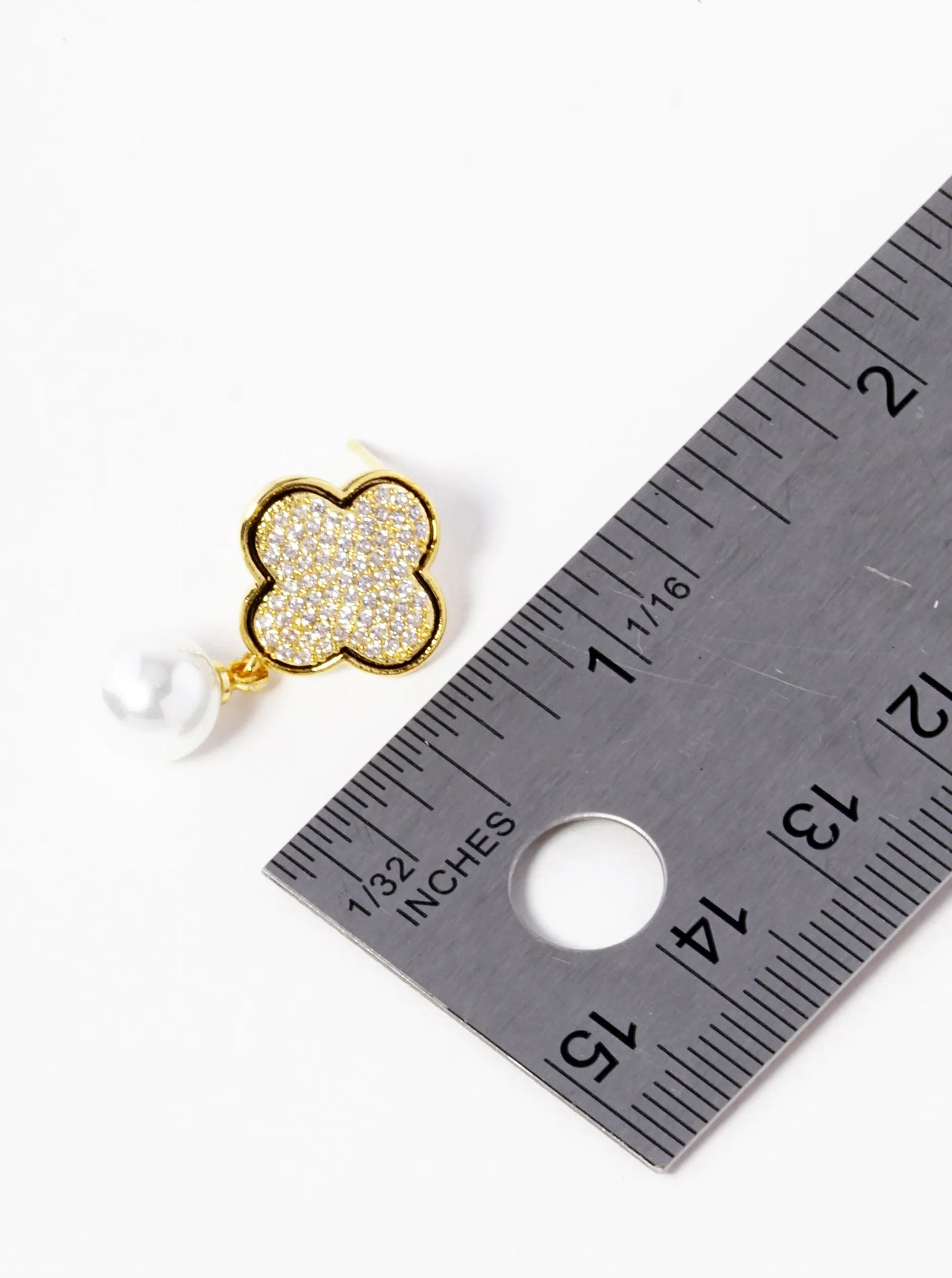 18K Gold Dipped Pearl Drop CZ Pave Quatrefoil Dangle 925 Sterling Silver Post Earrings