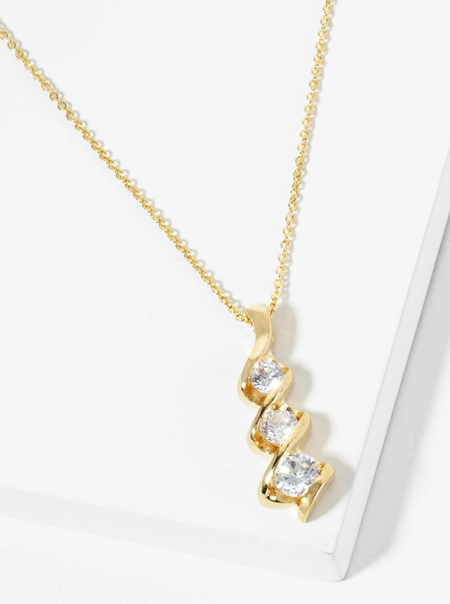 18K Gold Dipped Spiral Graduated CZ Stones Drop Pendant Necklace