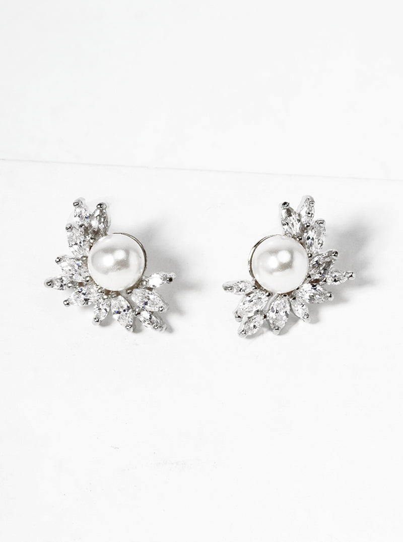 18K Gold Dipped Symmetrical CZ Pave Pearl Post Stud Earrings