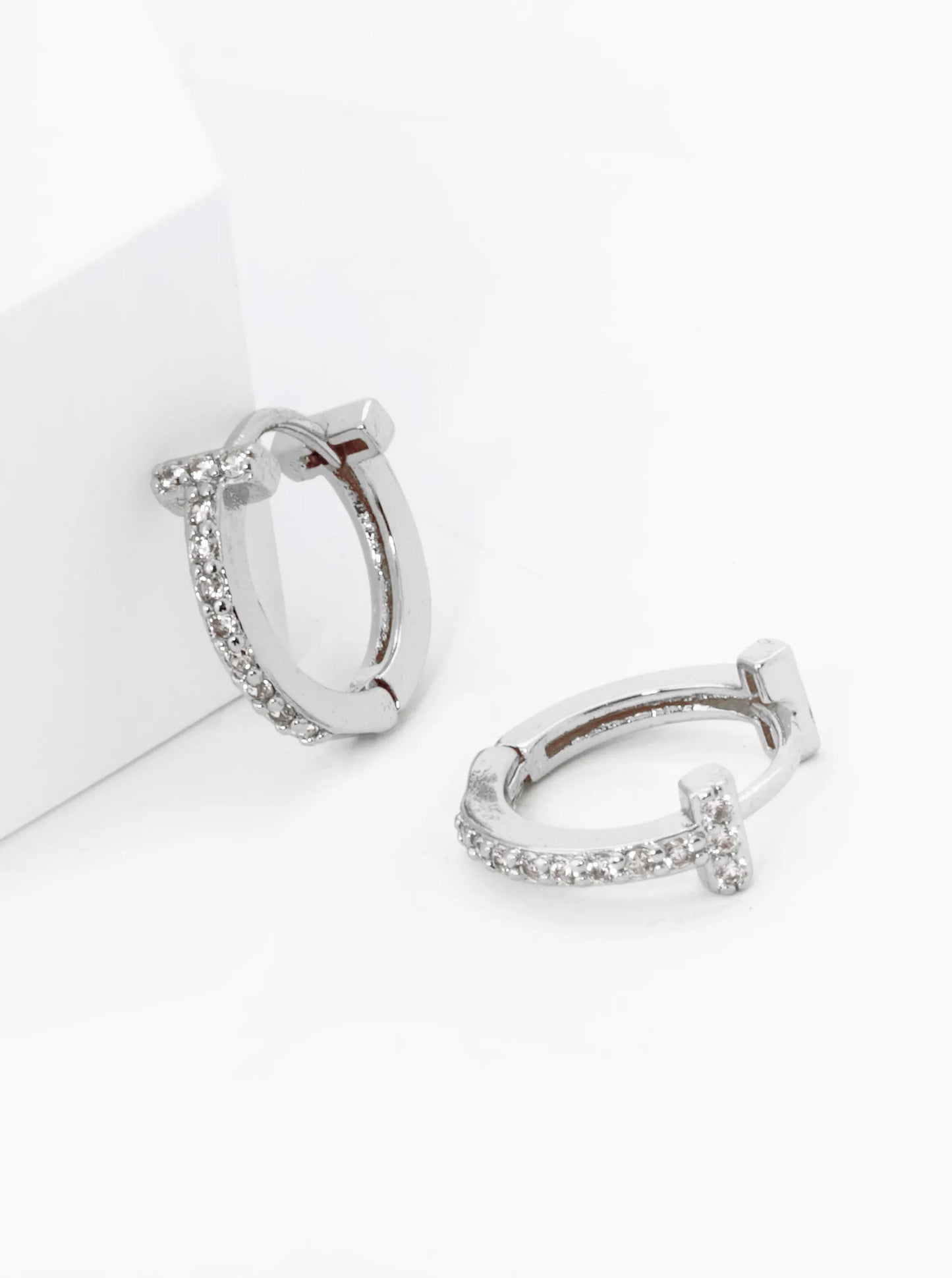 18K Gold Dipped T Shape Micro Pave Set Cubic Zirconia 12mm Huggie Hoop Earrings