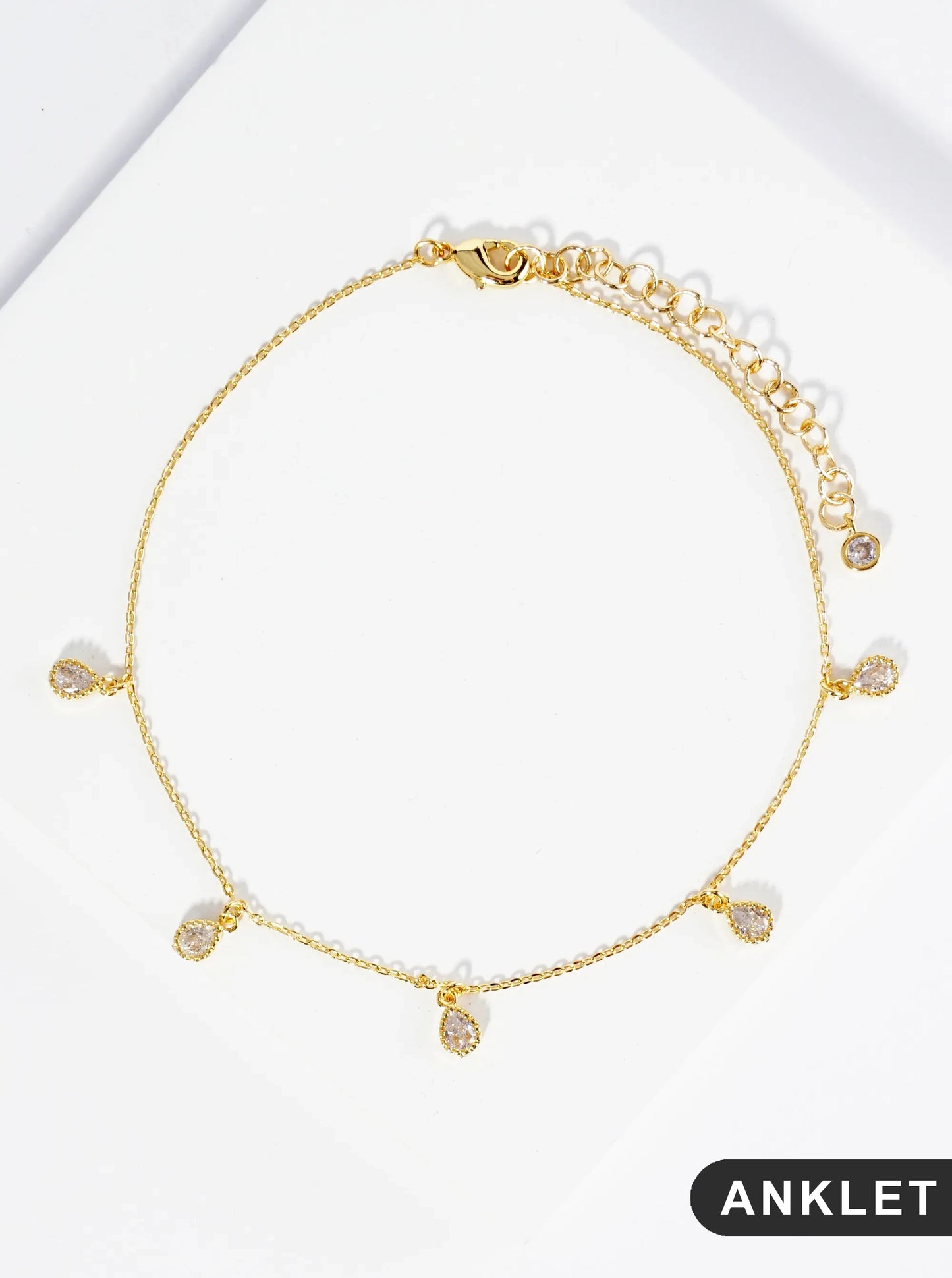 18K Gold Dipped Teardrop Cubic Zirconia Charm Brass Chain Anklet